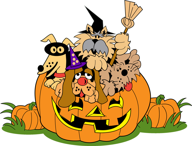 Halloween 桌布 壁紙 — 三隻卡通狗穿著萬聖節服裝，從一個微笑的南瓜燈中探出頭來，周圍環繞著南瓜。