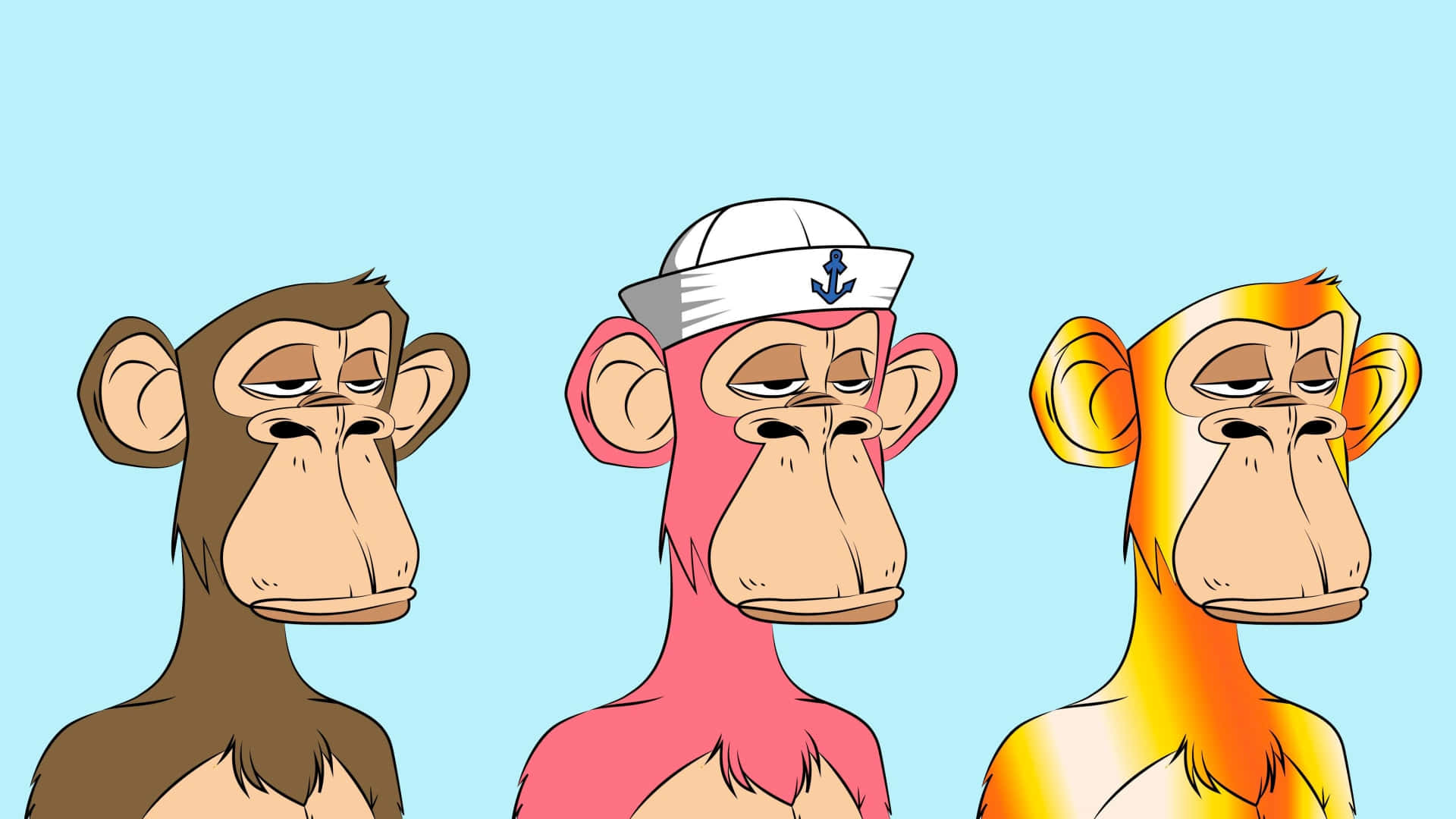 Ape 桌布 壁紙 — 三隻卡通猴子，分別為棕色、粉紅色和橙色，並排站在淺藍色背景上，表情無聊。