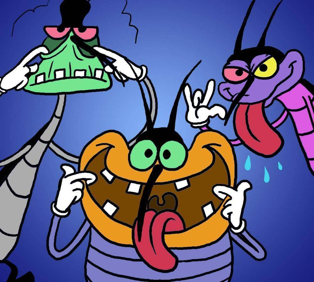 Cartoon 桌布 壁紙 — 三隻卡通蟑螂以誇張的表情和色彩繽紛的設計，在純藍色背景前擺姿勢。