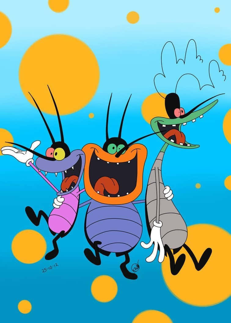 Cockroach 桌布 壁紙 — 三隻卡通蟑螂帶著誇張的表情，在藍色背景上快樂地跳舞，周圍有漂浮的黃色圓圈。