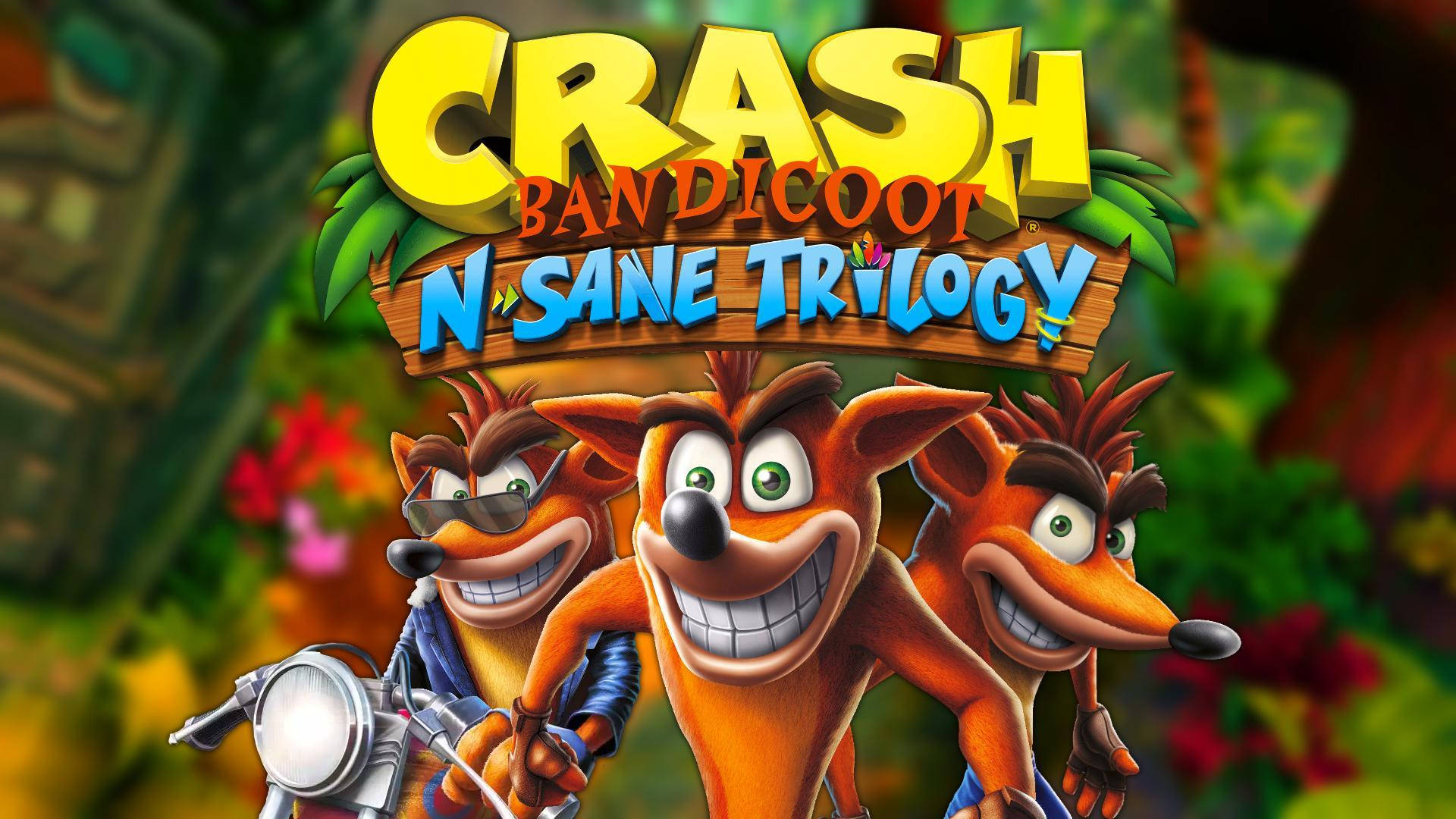 Bandicoot 桌布 壁紙 — 三隻卡通袋狸在叢林環境中，在色彩繽紛的遊戲標題標誌下咧嘴大笑。