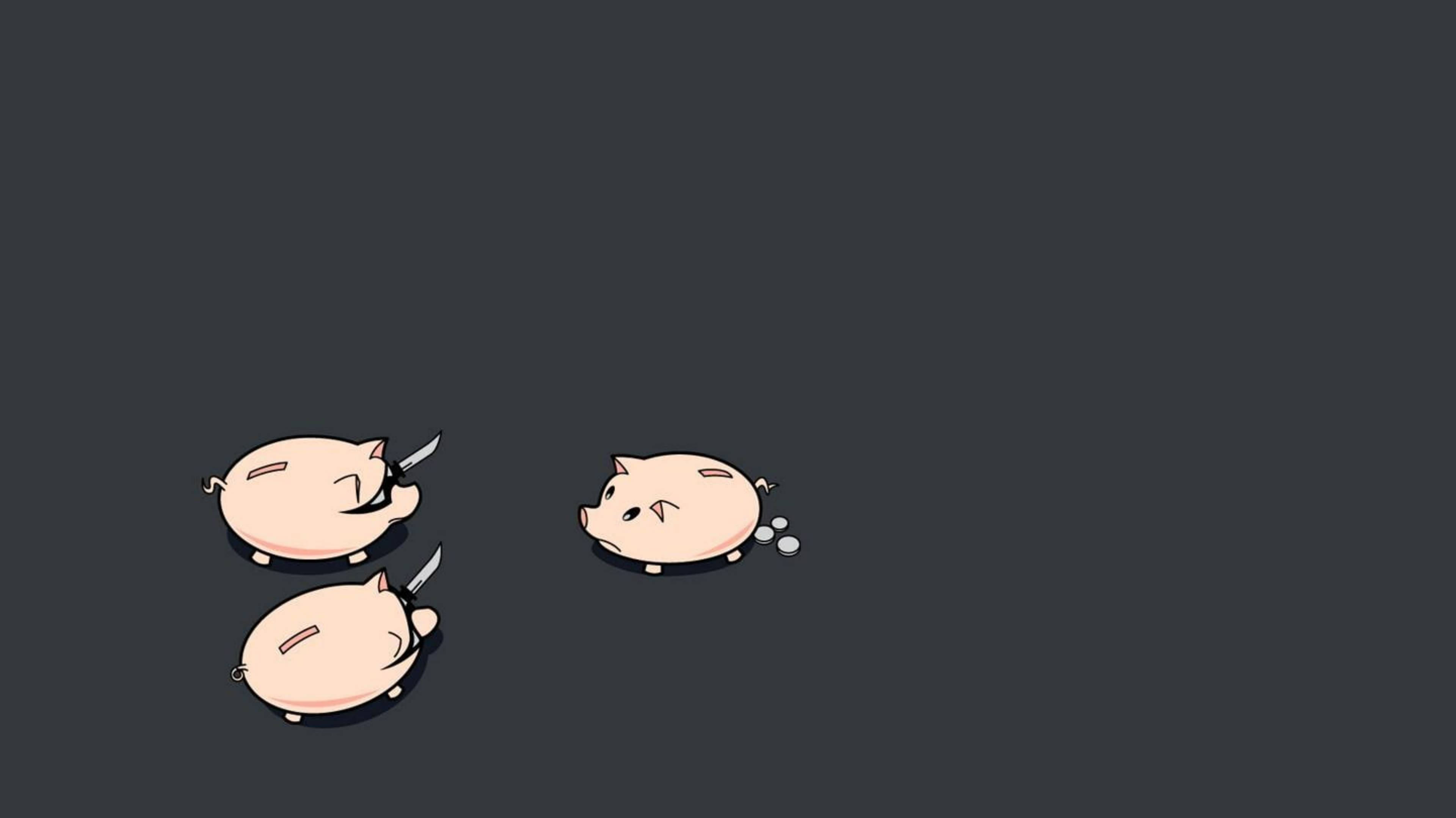 Pig 桌布 壁紙 — 三隻卡通豬拿著刀子對峙一隻倒在深灰色背景上的豬。