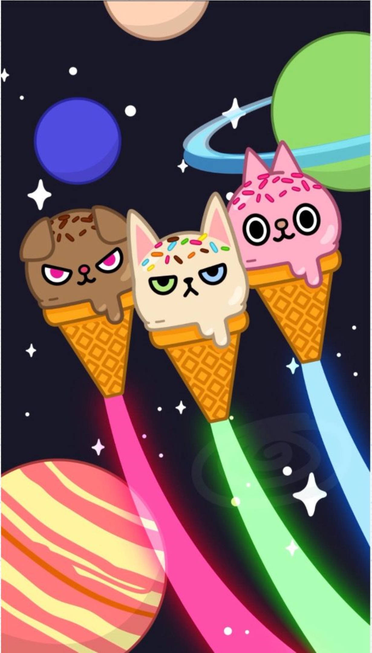 Toca 桌布 壁紙 — 三隻卡通貓咪在冰淇淋甜筒中，像火箭般穿過充滿行星和星星的色彩繽紛宇宙場景。