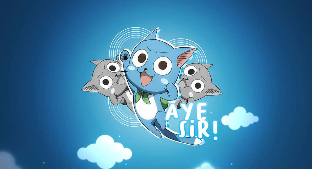 Fairy Tail Happy 桌布 壁紙 — 三隻卡通貓咪在藍天白雲和寫著「AYE SIR!」的對話框前快樂飛翔。