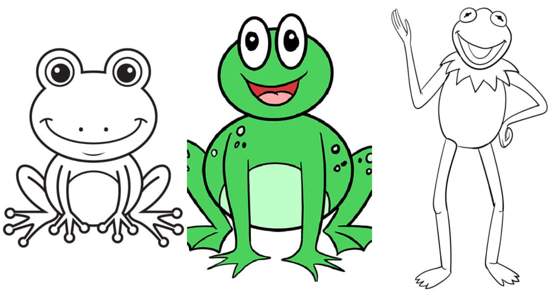 Frog Drawing 桌布 壁紙 — 三隻卡通青蛙：一個黑白輪廓，一個綠色，還有一個是揮手的科米蛙的黑白輪廓。