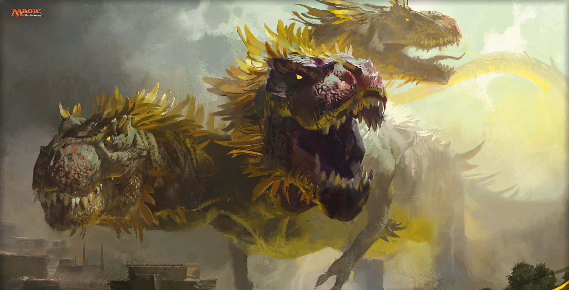 魔法風雲會 桌布 壁紙 — 三隻可怕的三頭龍，長著帶刺的金色鬃毛，在暴風雨的天空下對著廢墟城市猛烈咆哮。