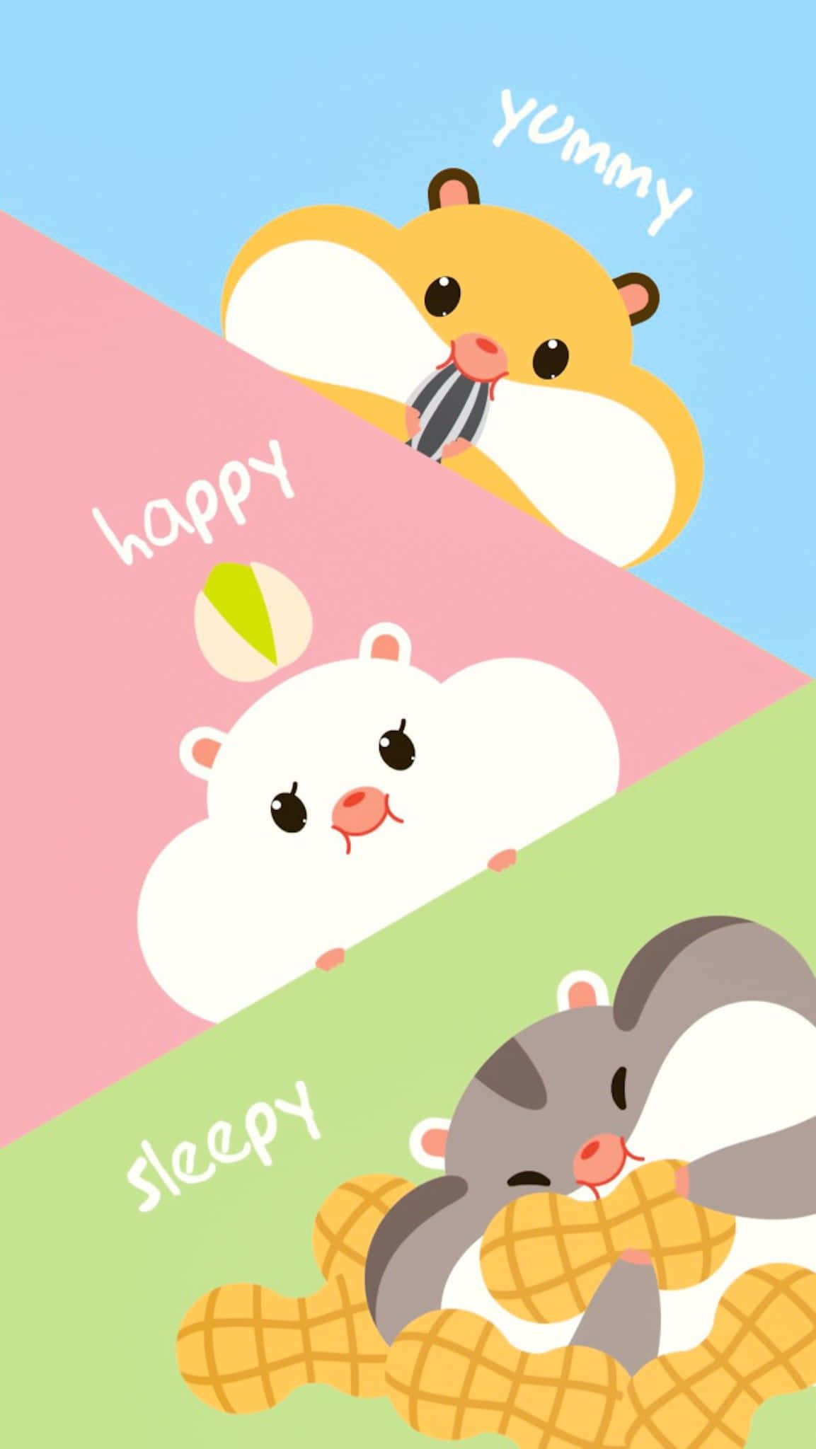 Cute Animated 桌布 壁紙 — 三隻可愛卡通倉鼠從色彩繽紛的幾何形狀區域探出頭來，區域分別標示著yummy、happy和sleepy，同時正在吃鬆餅。
