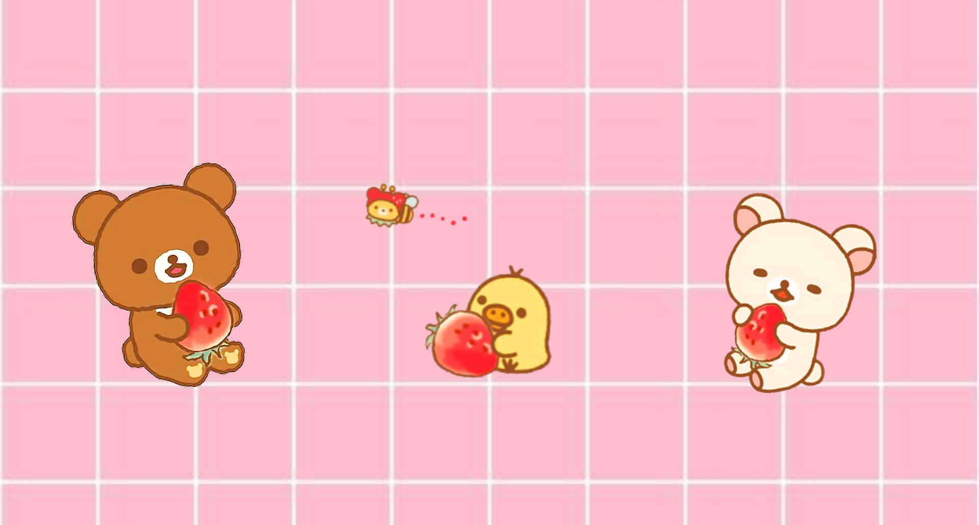 Kawaii Pink Aesthetic Desktop 桌布 壁紙 — 三隻可愛卡通動物在粉紅色格子背景上拿著草莓，附近有一隻小蜜蜂在飛。