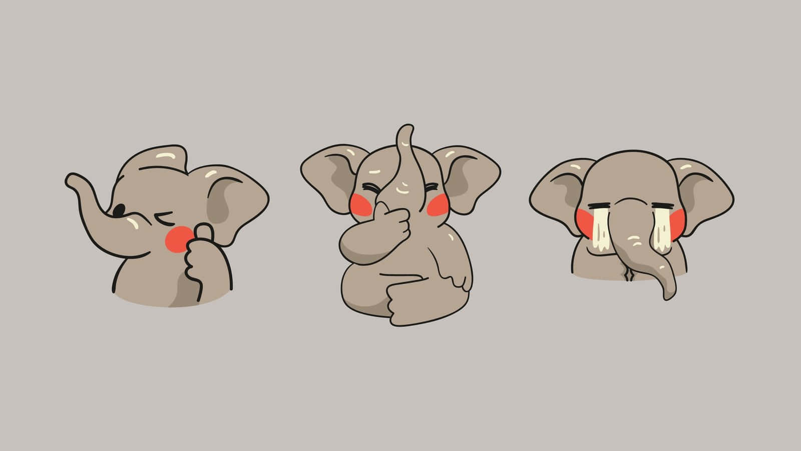 elephants 桌布 壁紙 — 三隻可愛卡通大象在純灰色背景前害羞到臉紅並遮住臉。