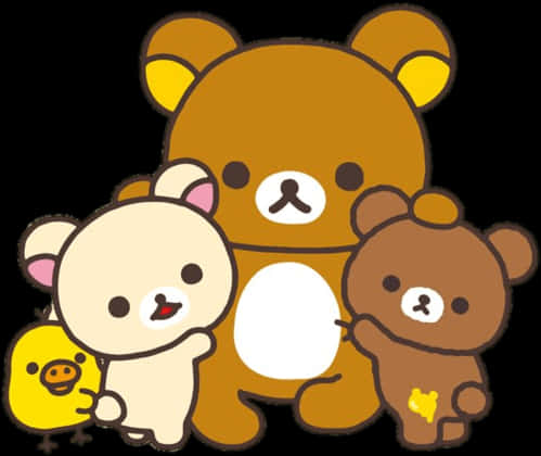懶懶熊 桌布 壁紙 — 三隻可愛卡通熊和一隻小雞依偎在一起，具有簡單的圓形特徵和柔軟的棕色奶油色。