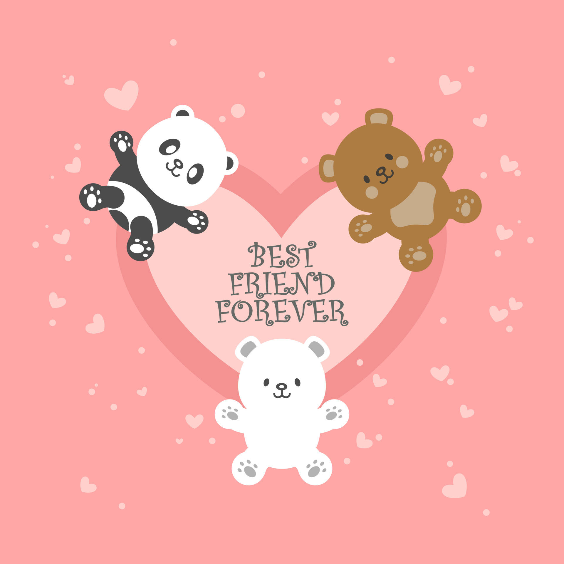 Cute Brown Bear 桌布 壁紙 — 三隻可愛卡通熊漂浮在一個心形周圍，心形上有「最好朋友永遠」的文字，背景是粉紅色，有漂浮的心形。