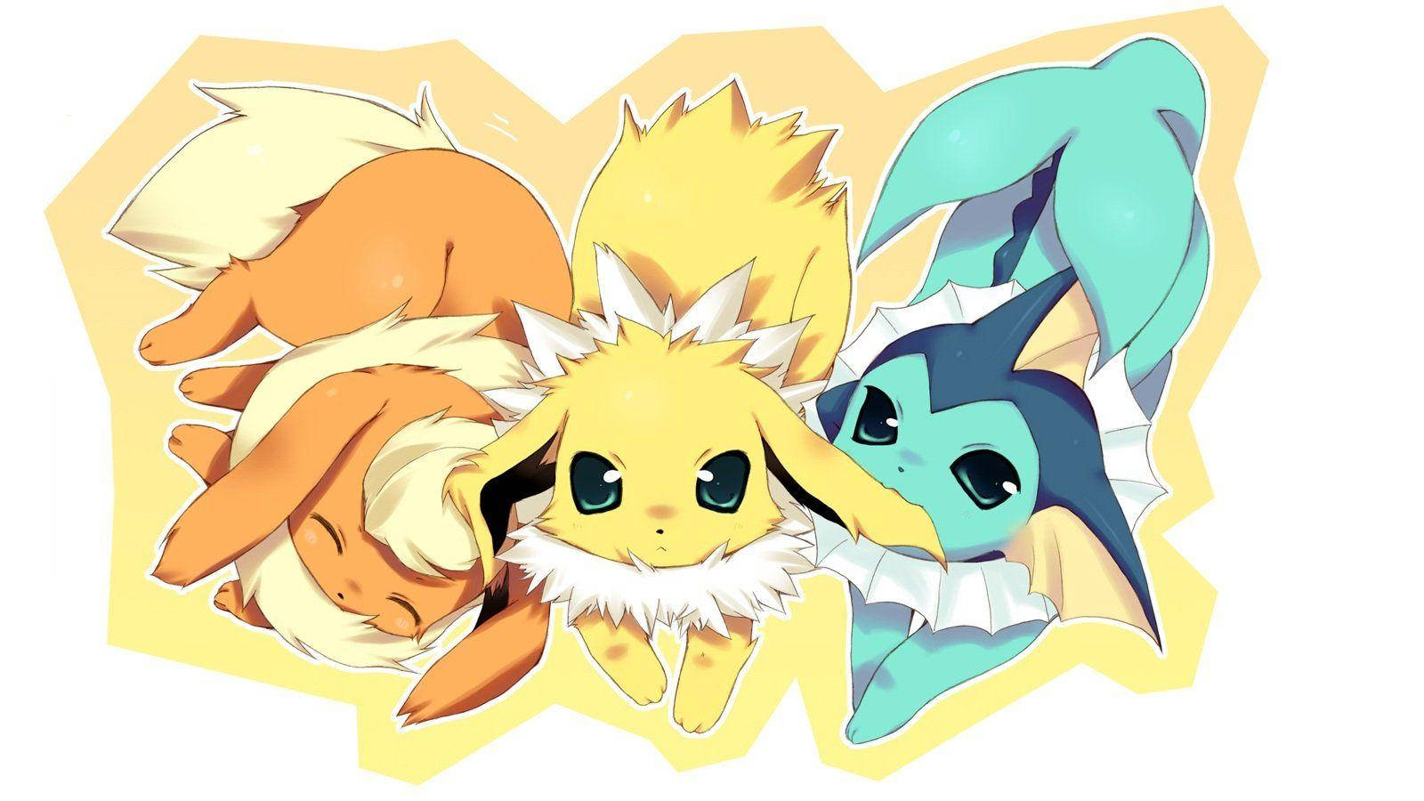 Vaporeon 桌布 壁紙 — 三隻可愛的伊布進化型在溫暖的黃色光芒中蜷縮在一起，帶有柔軟毛絨質感和大大的有表情眼睛。