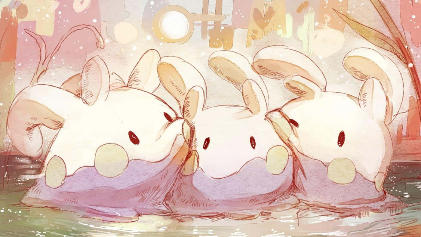 寶可夢 桌布 壁紙 — 三隻可愛的兔仔狀生物，圓臉頰長耳朵，一起坐在溫暖柔和光線的水彩風格場景中。