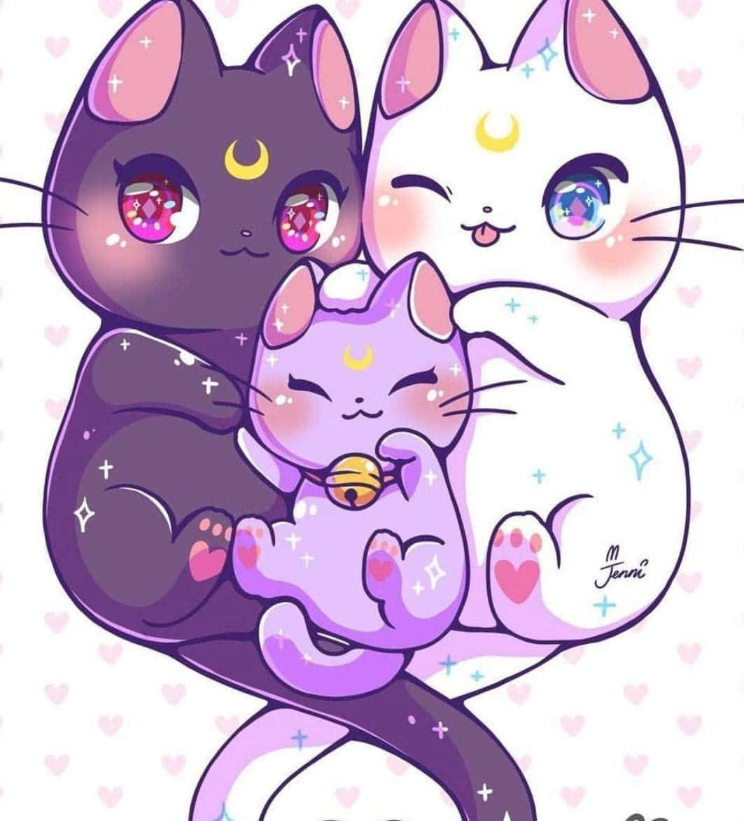動漫貓 桌布 壁紙 — 三隻可愛的動漫貓咪帶有月亮符號，在愛心圖案背景上溫暖地擁抱。