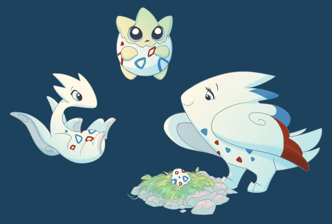 Pokemon Aesthetic 桌布 壁紙 — 三隻可愛的動漫風格寶可夢，白色身體帶有藍紅標記和大眼睛，漂浮在一個含有蛋的巢穴周圍，背景為深藍色。