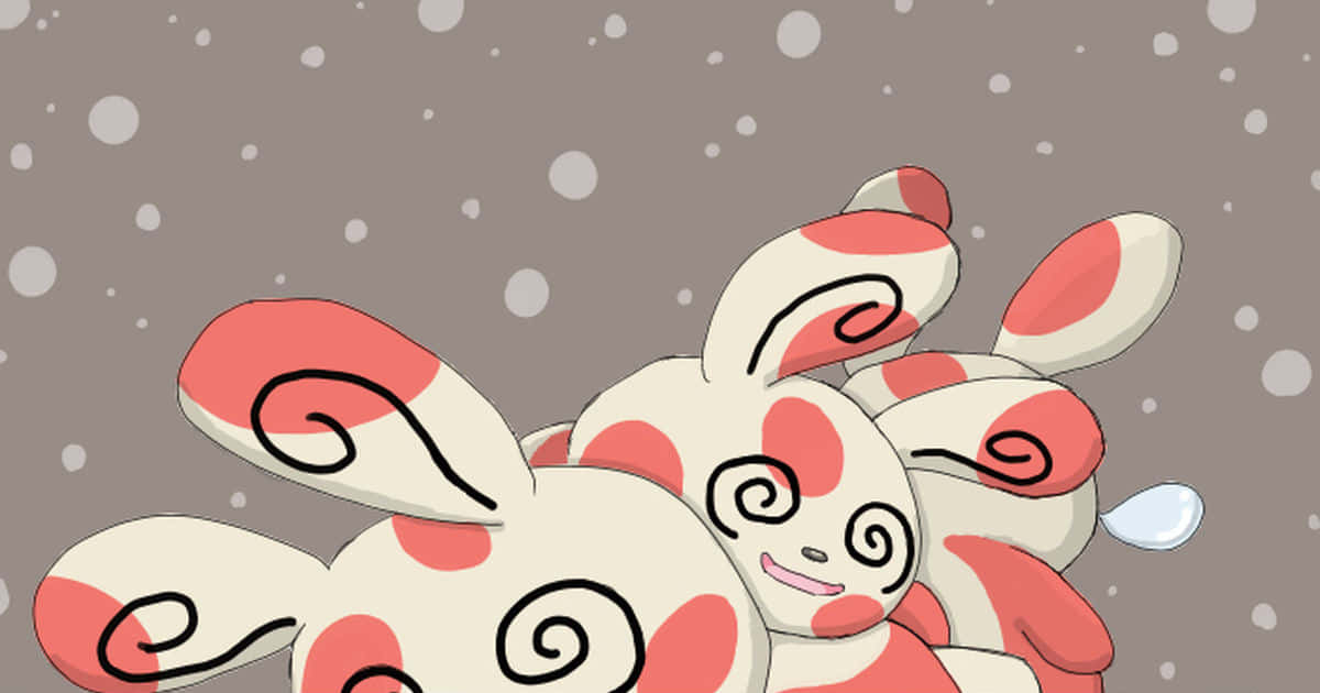 寶可夢 桌布 壁紙 — 三隻可愛的動漫風格雪兔，帶著紅色漩渦，在灰色背景下的飄雪中依偎在一起。