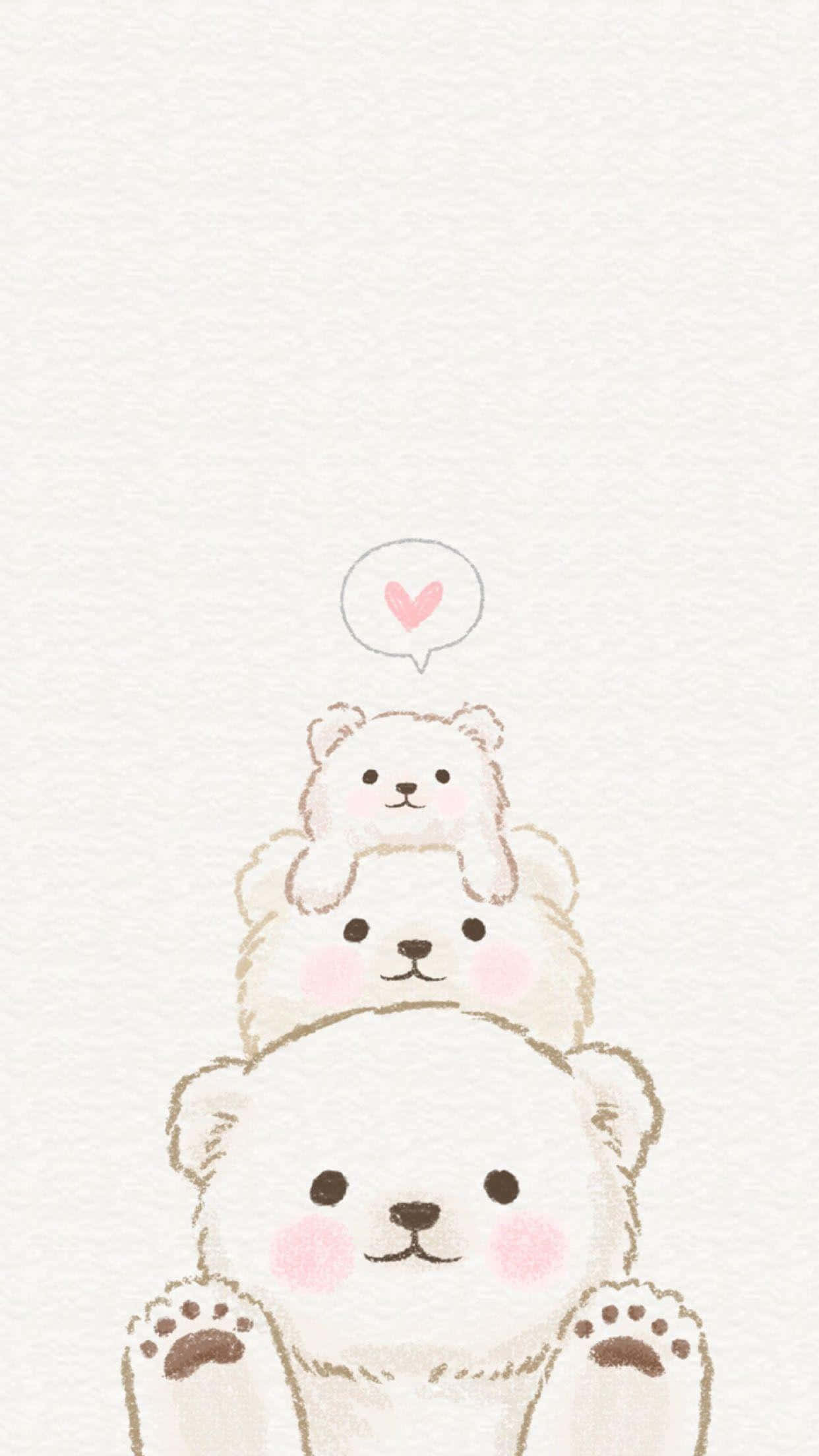 Cute Kawaii 桌布 壁紙 — 三隻可愛的北極熊堆疊在一起，粉紅色的臉頰和一個心形對話框，背景是帶紋理的奶油色。
