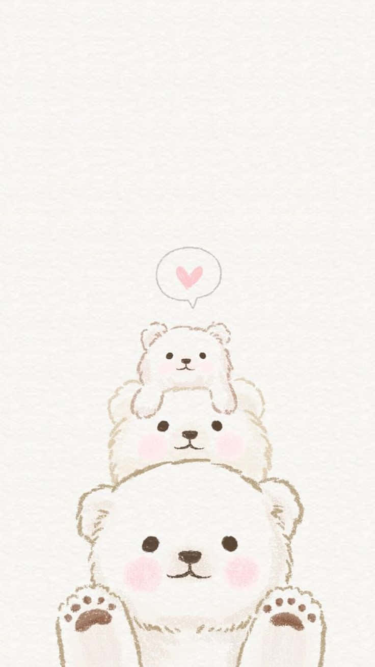 Cartoon Polar Bear 桌布 壁紙 — 三隻可愛的北極熊疊在一起，臉頰粉紅，在紋理紙上有一個心形對話氣泡。