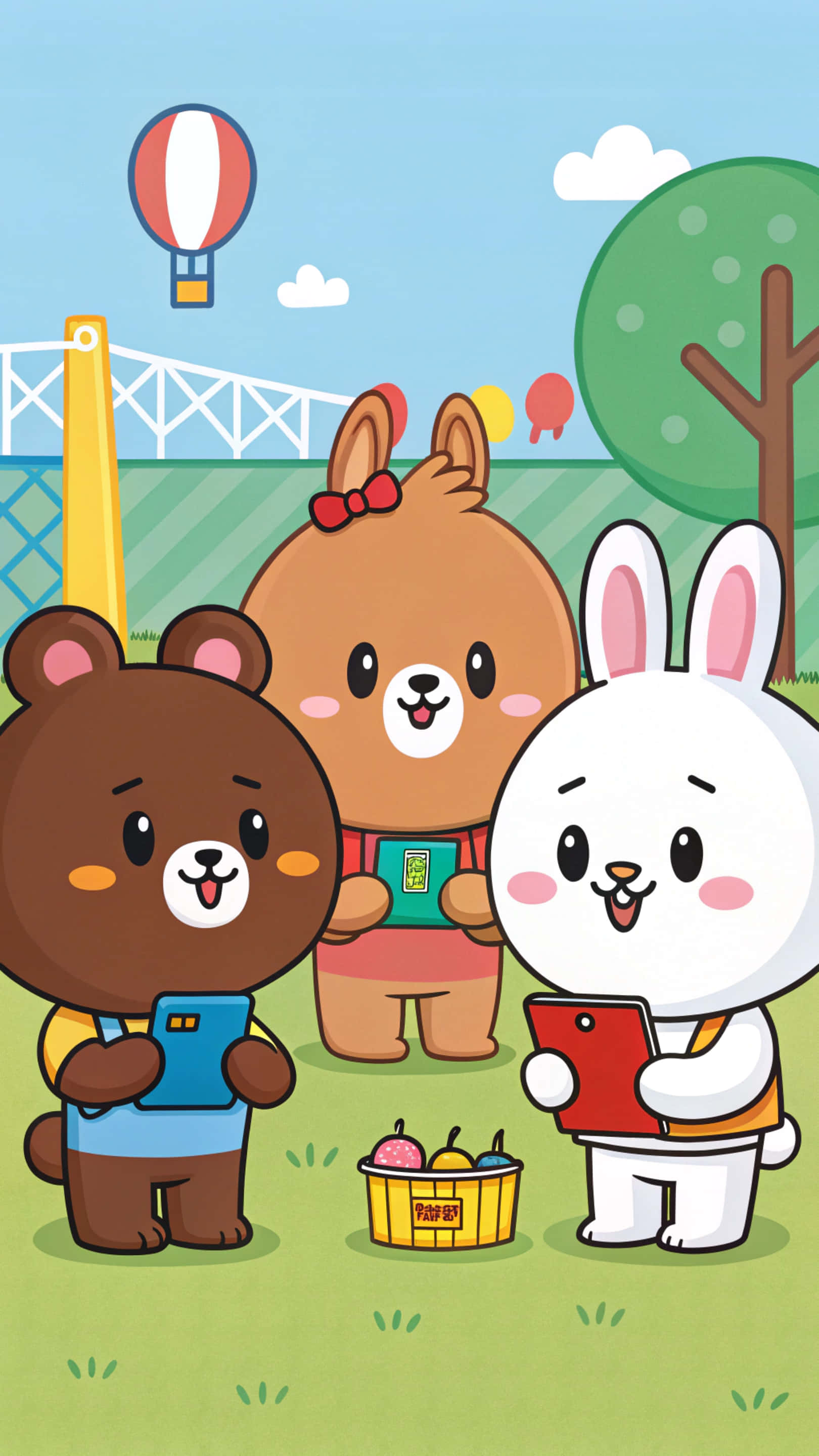 小狗 桌布 壁紙 — 三隻可愛的卡通動物，一隻棕熊、一隻戴紅色蝴蝶結的淺棕色熊和一隻白兔，站在草地上拿著平板電腦，背景有熱氣球和雲霄飛車。