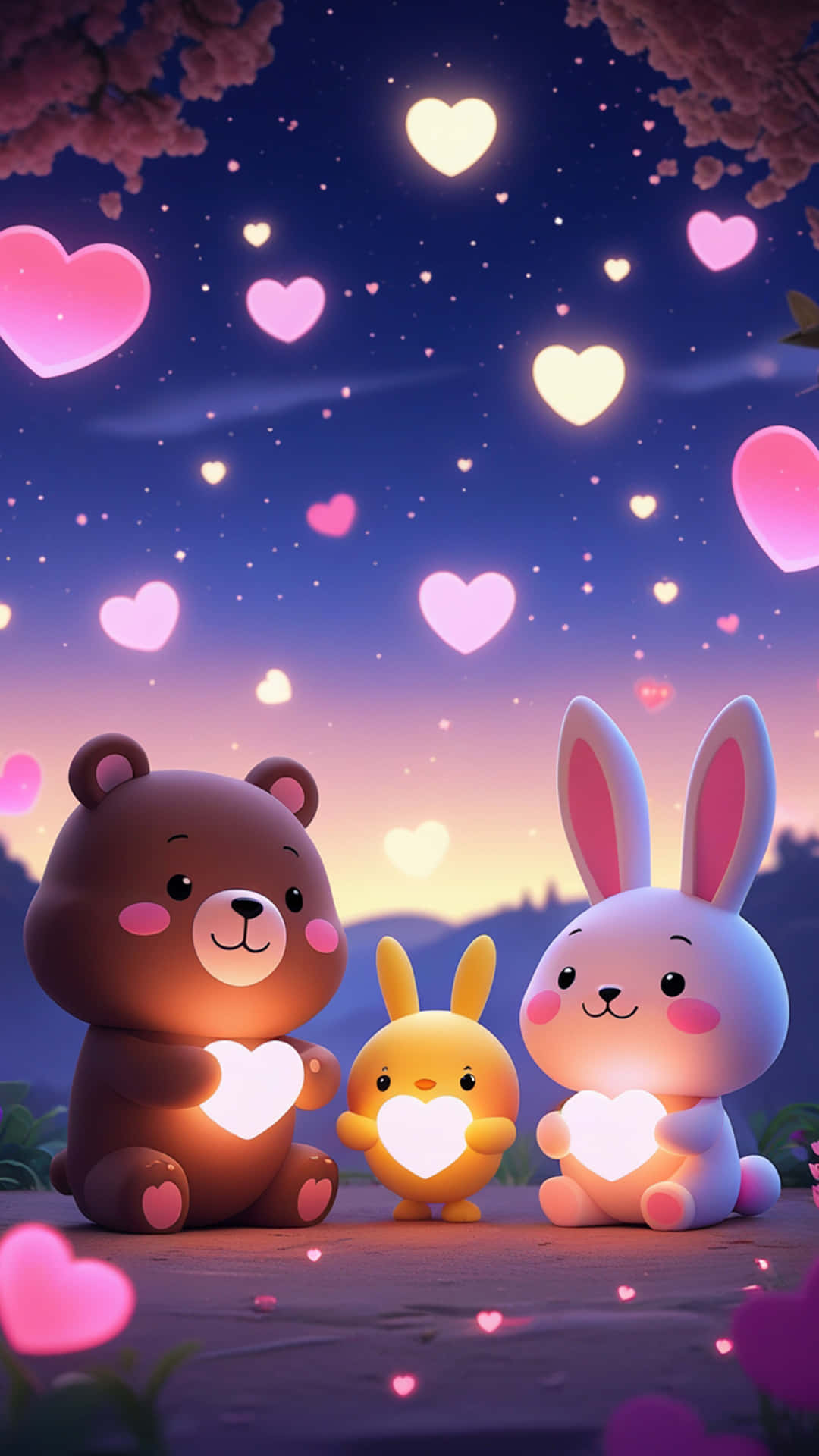 When Friendship Turns Into Love – A Cute Valentine Vibe 壁紙 — 三隻可愛的卡通動物：一隻棕熊、一隻黃色小雞和一隻白兔，各自拿著發光的愛心，在充滿漂浮愛心和櫻花的暮色天空下。