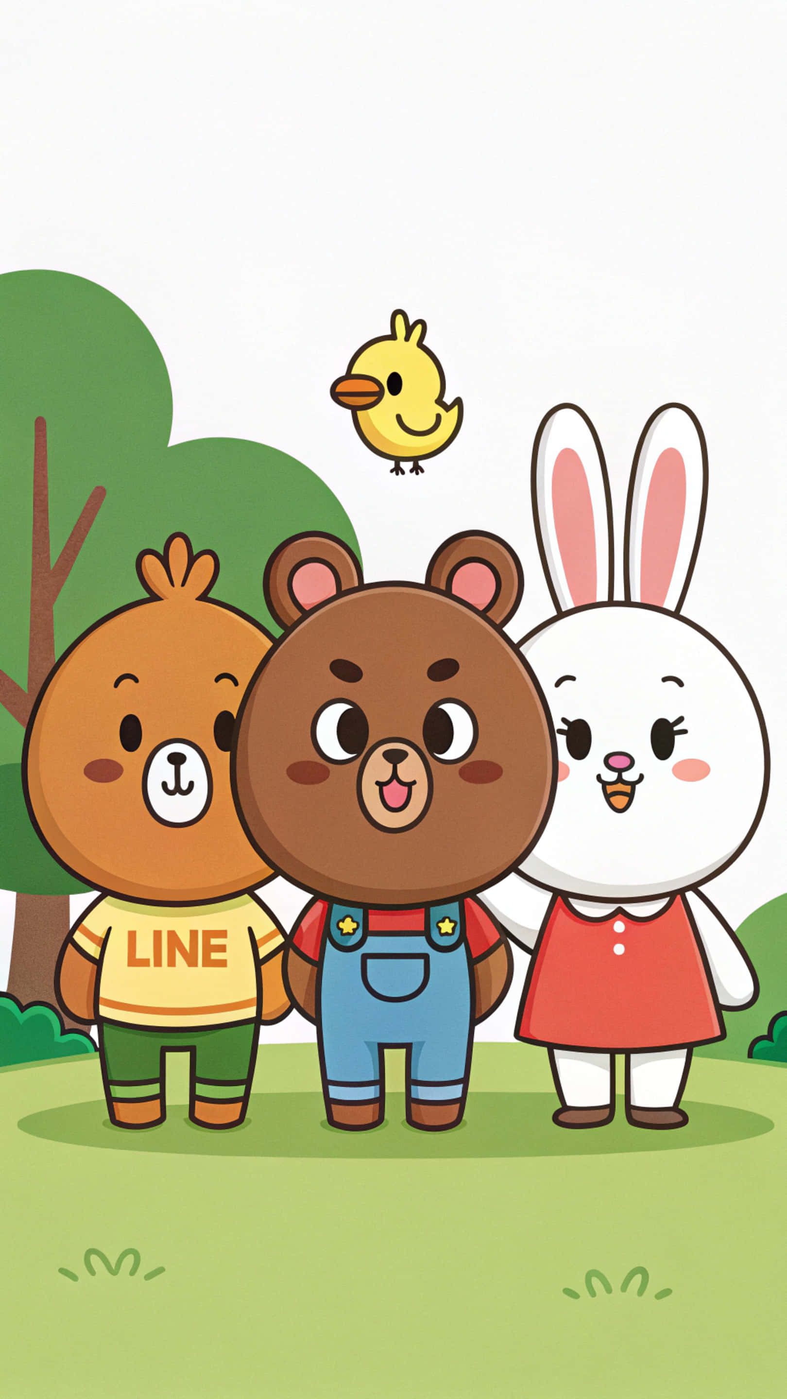 小狗 桌布 壁紙 — 三隻可愛的卡通動物，一隻棕熊、一隻白兔和一隻棕熊，一起站在草地上，一隻小黃鳥在牠們上方飛翔。