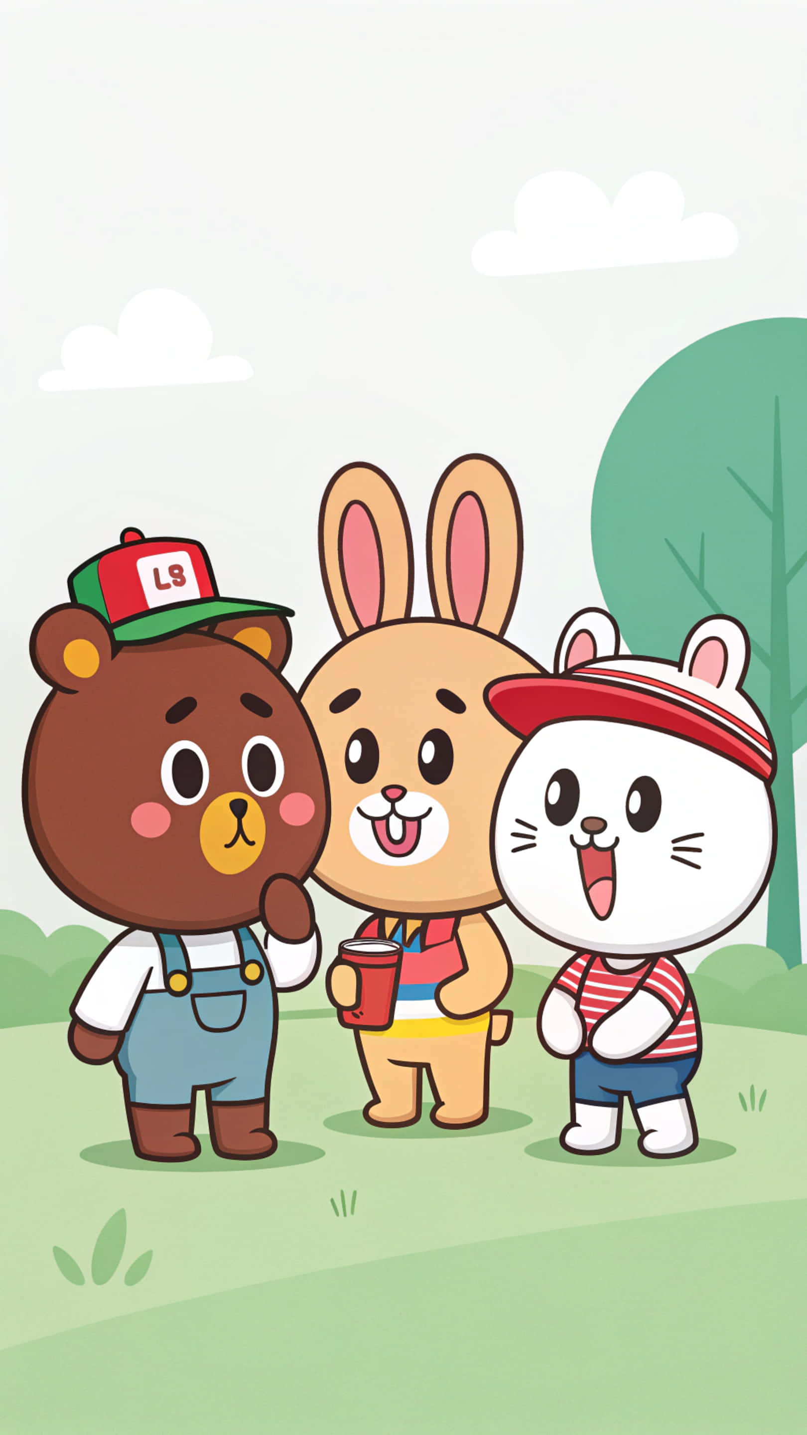 小狗 桌布 壁紙 — 三隻可愛的卡通動物，一隻熊、一隻兔子和一隻貓，站在一片草地上，天空明亮。