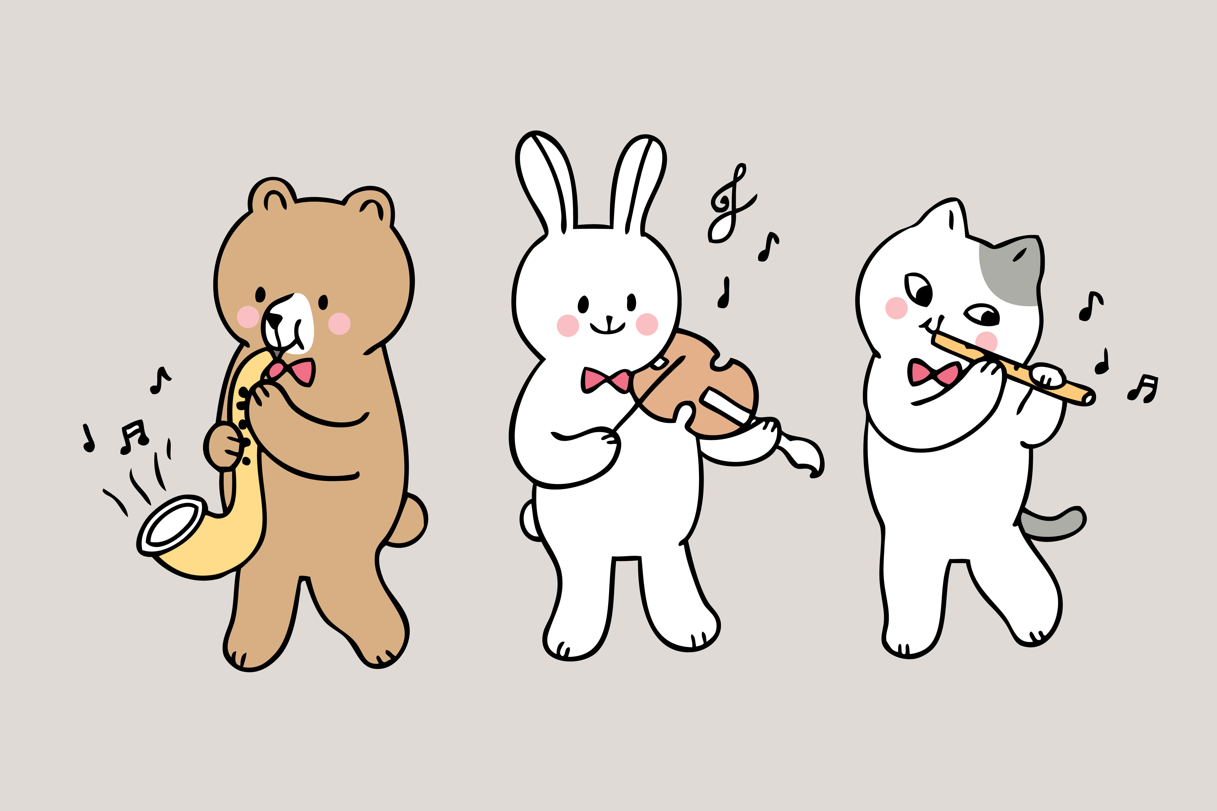 Cartoon Music 桌布 壁紙 — 三隻可愛的卡通動物，一隻熊、兔子和貓，快樂地演奏薩克斯風、小提琴和長笛，音符在它們周圍飄浮。