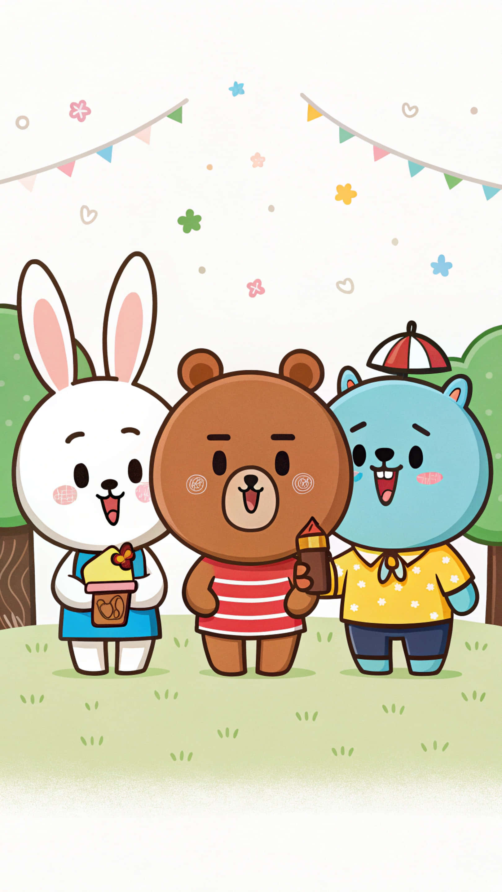 小狗 桌布 壁紙 — 三隻可愛的卡通動物，一隻白兔、一隻棕熊和一隻藍熊，在色彩繽紛的彩旗下一同站立，手持冰淇淋甜筒，呈現歡樂的戶外場景。
