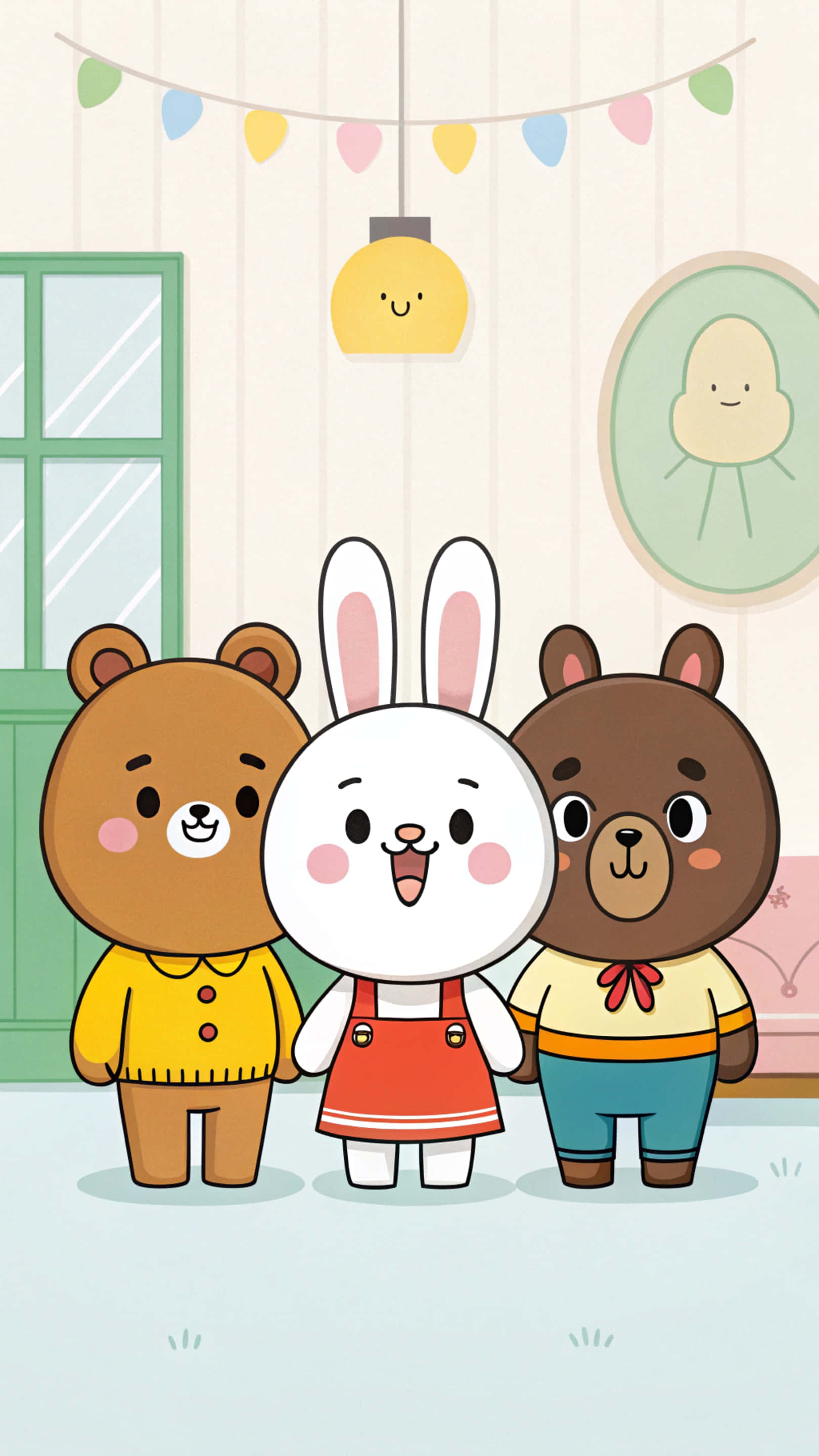 小狗 桌布 壁紙 — 三隻可愛的卡通動物，一隻白兔和兩隻棕熊，站在一個舒適的房間裡，房間裡有彩色燈串和一盞微笑的燈。