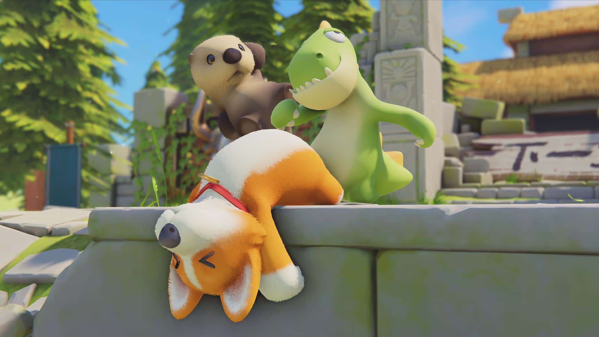 Cartoon Animal 桌布 壁紙 — 三隻可愛的卡通動物，一隻睡覺的狐狸、一隻好奇的水獺和一隻微笑的綠色恐龍，在一個陽光明媚的村莊裡，從石牆上探出頭來。