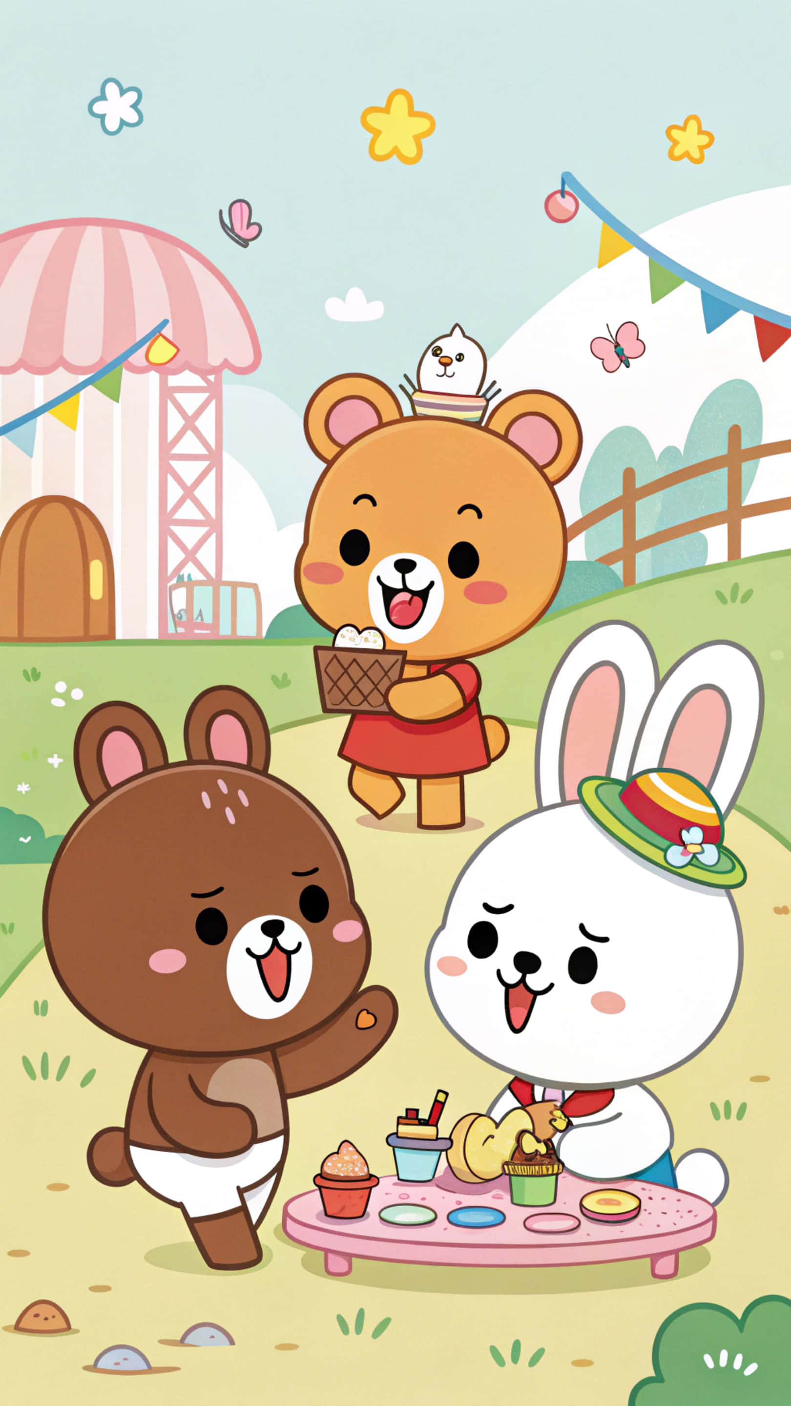 group 桌布 壁紙 — 三隻可愛的卡通動物在彩色旗幟下享受陽光野餐，有冰淇淋和杯子蛋糕。