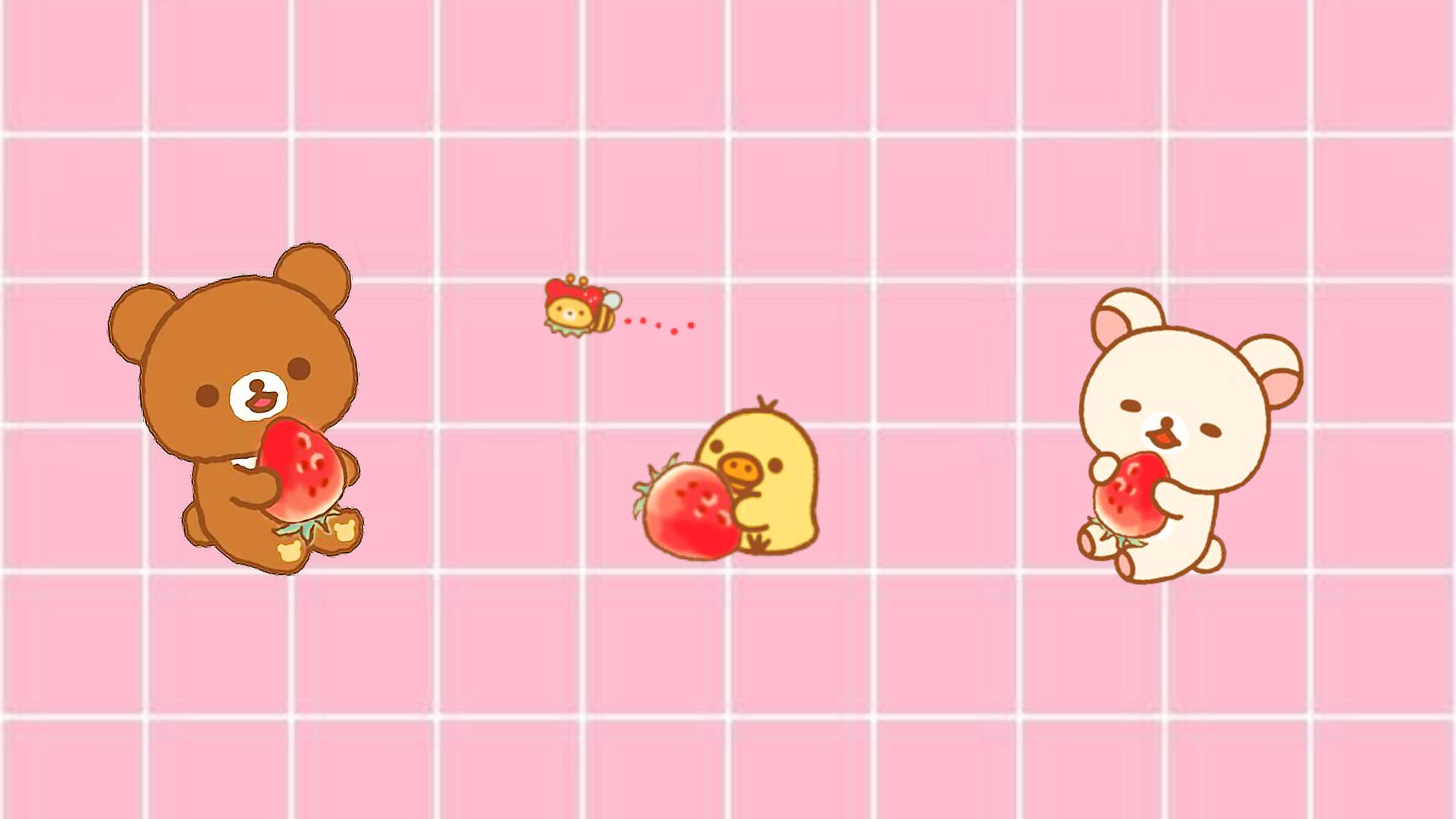 cute and pink 桌布 壁紙 — 三隻可愛的卡通動物拿著草莓，背景是粉紅色網格，附近有一隻小蜜蜂在飛。