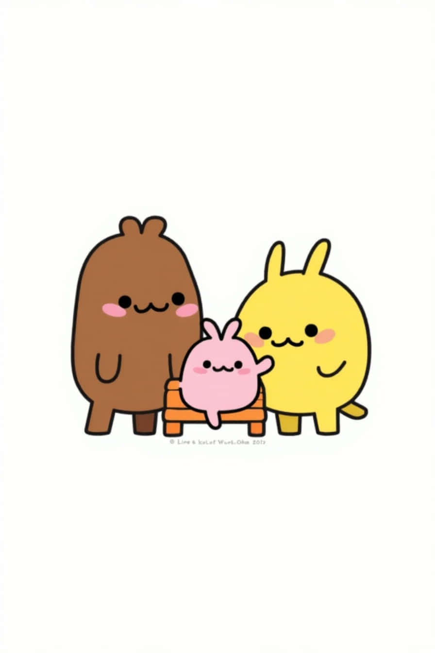 A colorful illustration of Line Friends characters, featuring Brown, Cony, and Sally 壁紙 — 三隻可愛的卡通動物棕色黃色和粉紅色一起站在純白色背景上微笑。