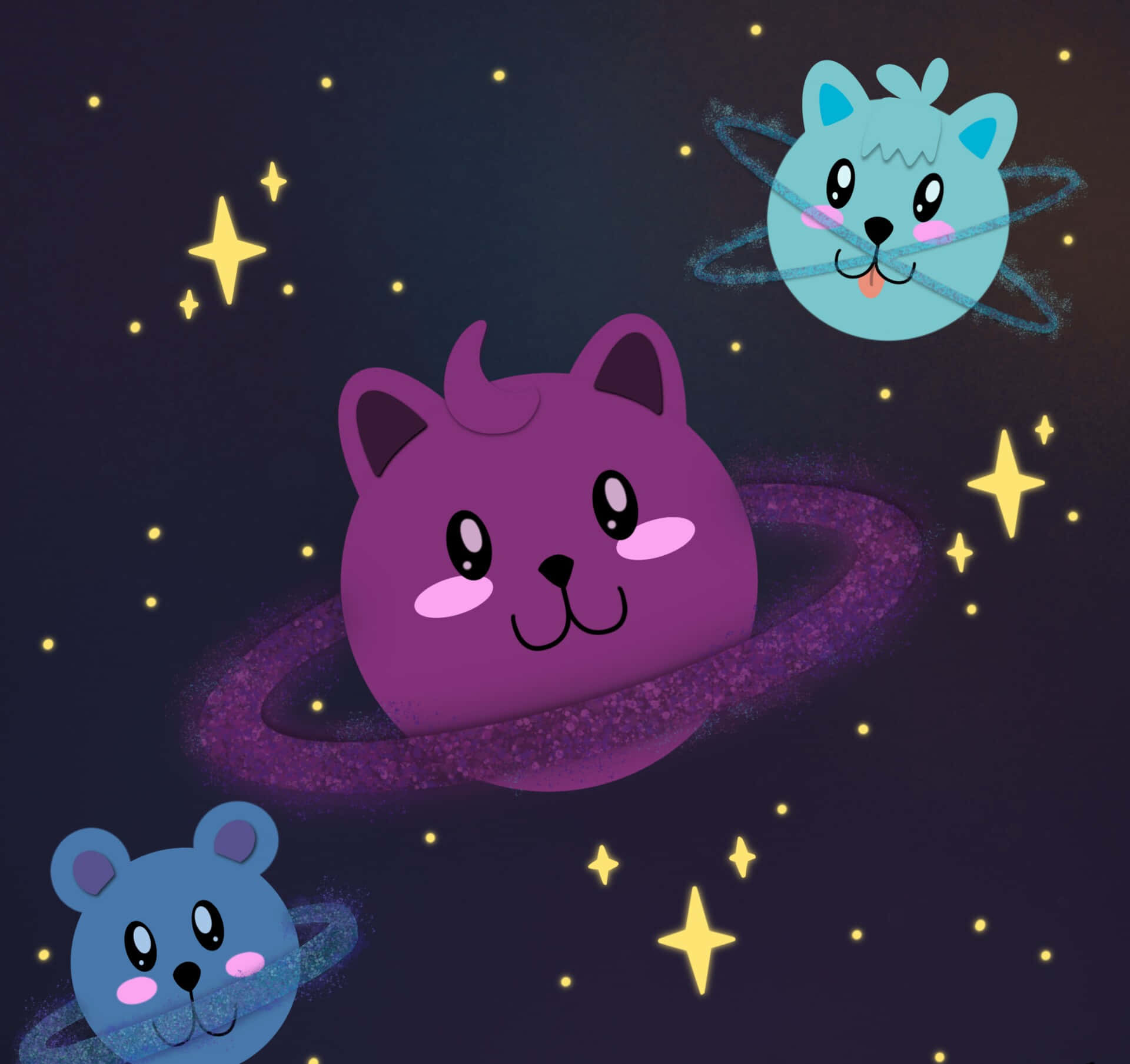 Kawaii Space 桌布 壁紙 — 三隻可愛的卡通動物與帶環行星漂浮在黑暗宇宙星空中閃爍的星星之間。