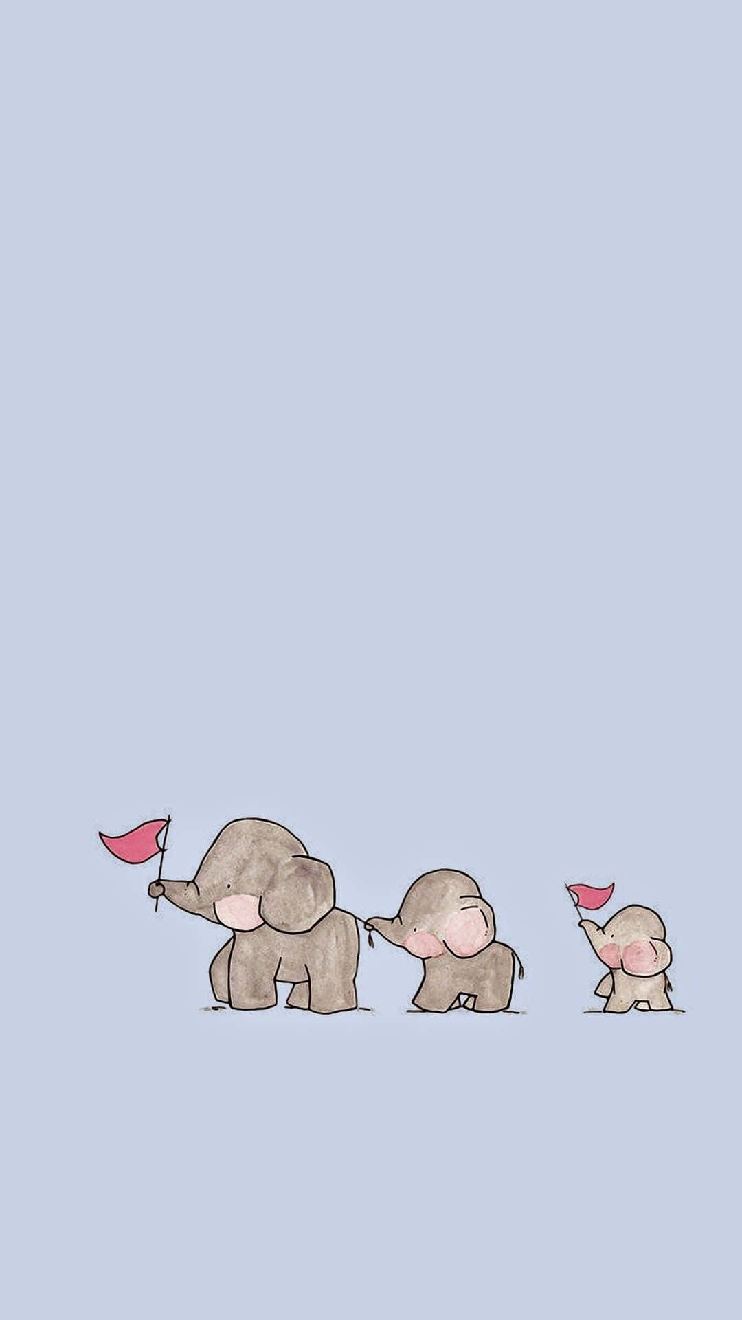 Kawaii Elephant 桌布 壁紙 — 三隻可愛的卡通大象排成一列，手持紅旗，背景是柔和的藍色。