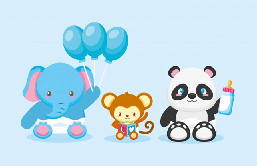 Baby Monkey 桌布 壁紙 — 三隻可愛的卡通嬰兒動物：一隻藍色大象拿著氣球，一隻猴子拿著禮物，還有一隻熊貓拿著瓶子，一起坐在淺藍色背景上。