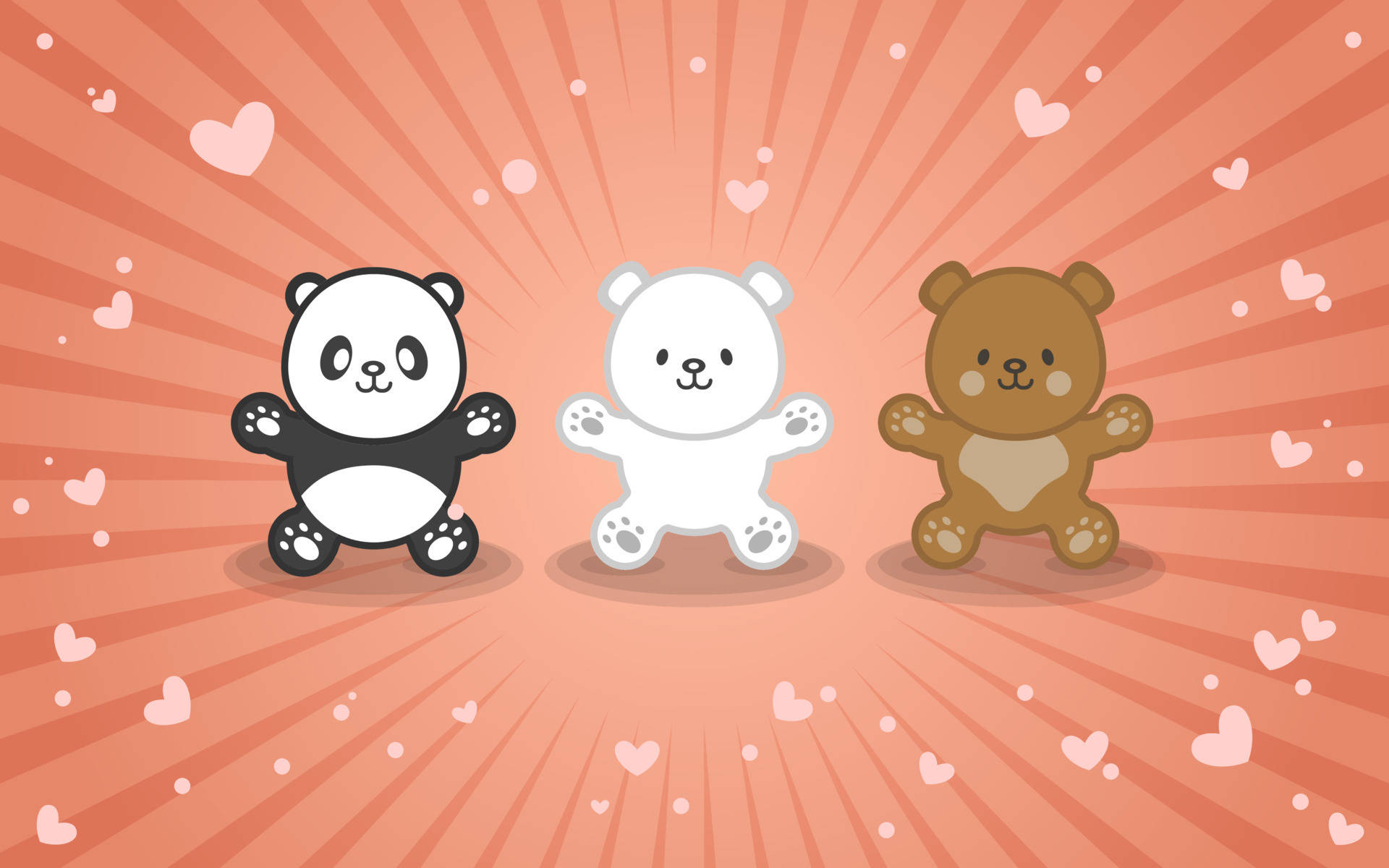 Cute Brown Bear 桌布 壁紙 — 三隻可愛的卡通熊，黑色、白色和棕色，在溫暖的珊瑚色背景上，帶著漂浮的心形和太陽光線，愉快地站立。