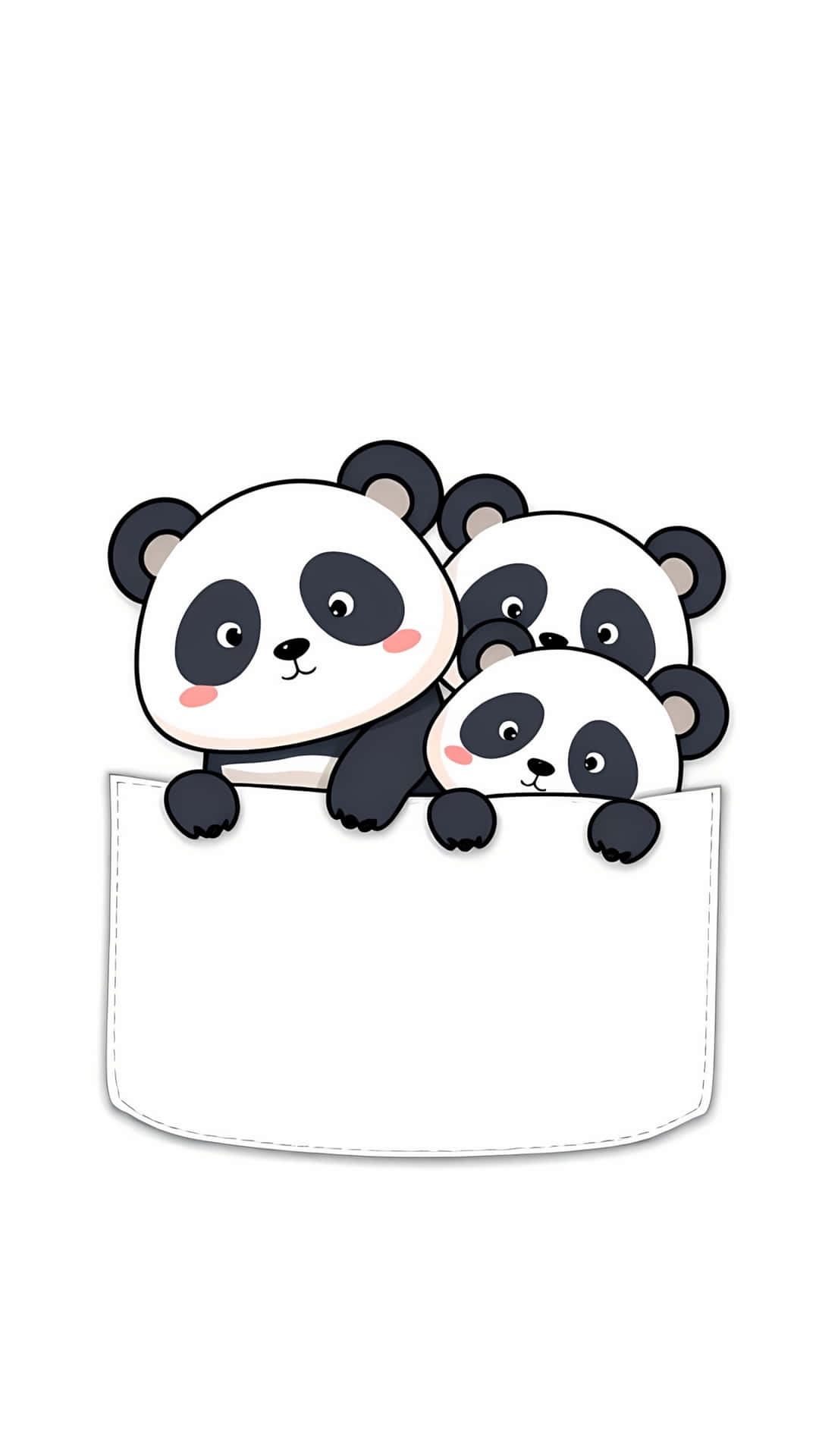 Cute Cartoon Pandas in White Pocket 壁紙 — 三隻可愛的卡通熊貓從帶有縫線細節的白色口袋邊緣探出頭來。