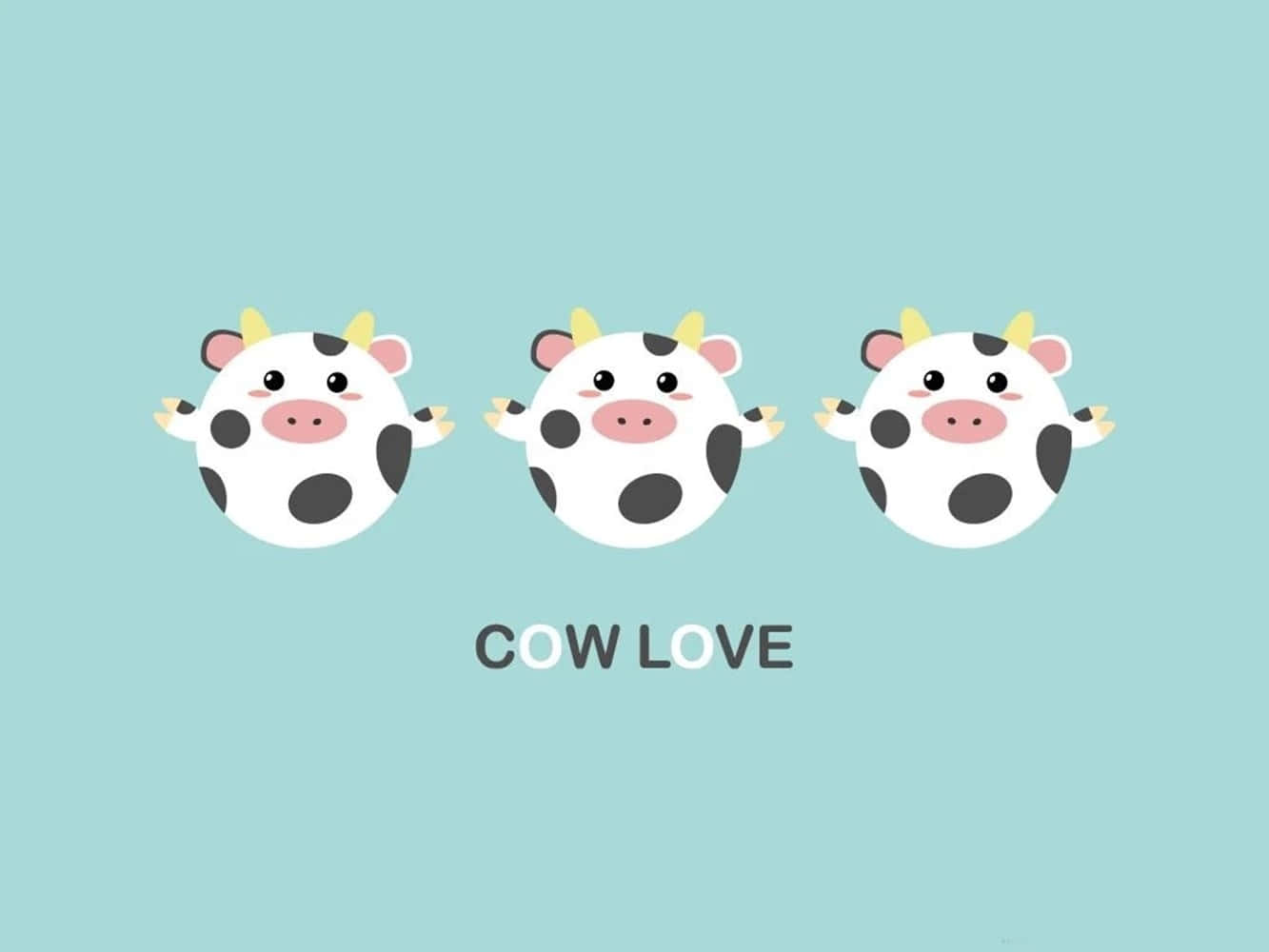 Aesthetic Cow 桌布 壁紙 — 三隻可愛的卡通牛，帶有黑色斑點和黃色角，漂浮在柔和的青綠色背景上，並帶有文字 cow love。
