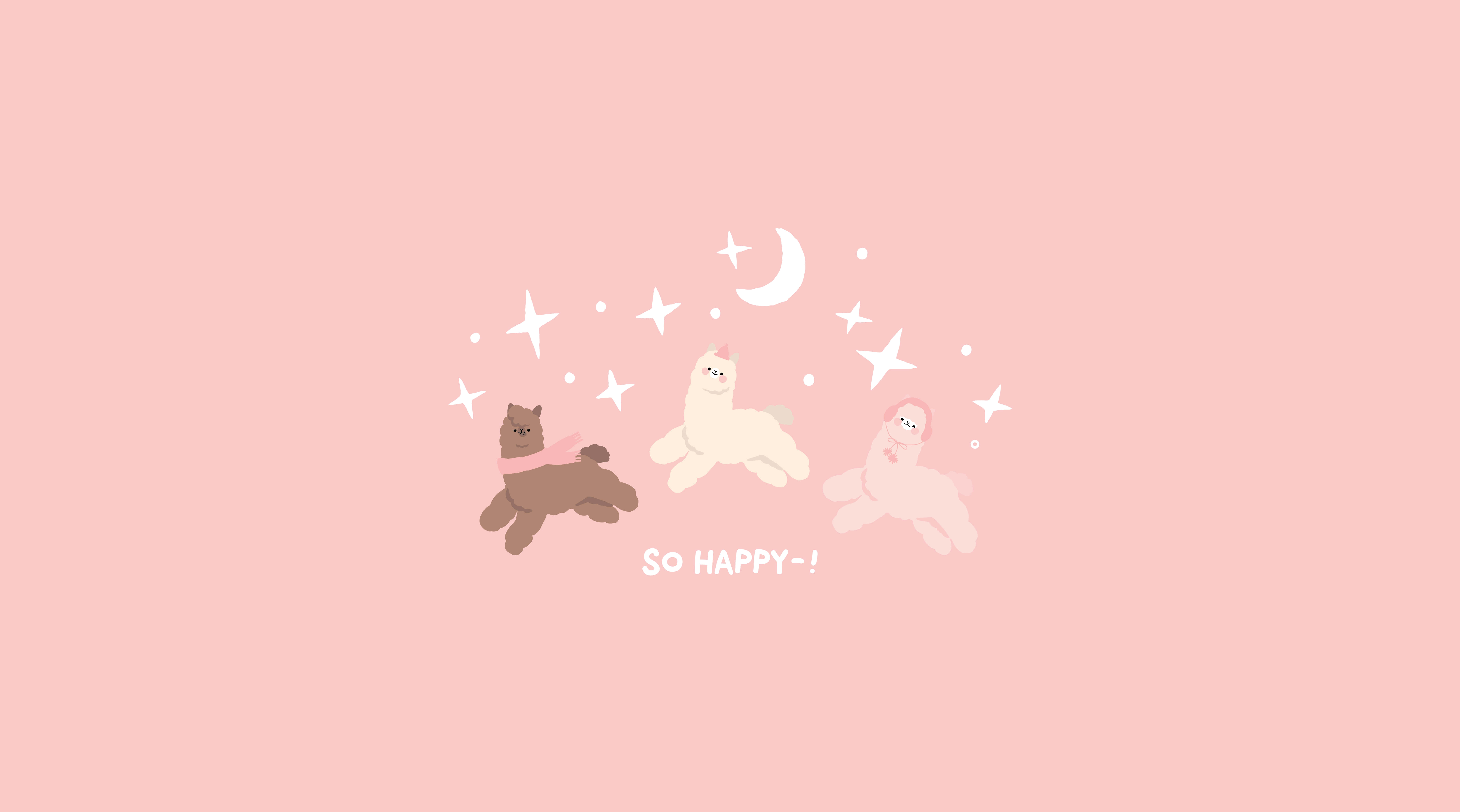 Kawaii Pink Aesthetic Desktop 桌布 壁紙 — 三隻可愛的卡通羊駝在柔和的粉紅色背景上，快樂地漂浮在星星和彎月之間。