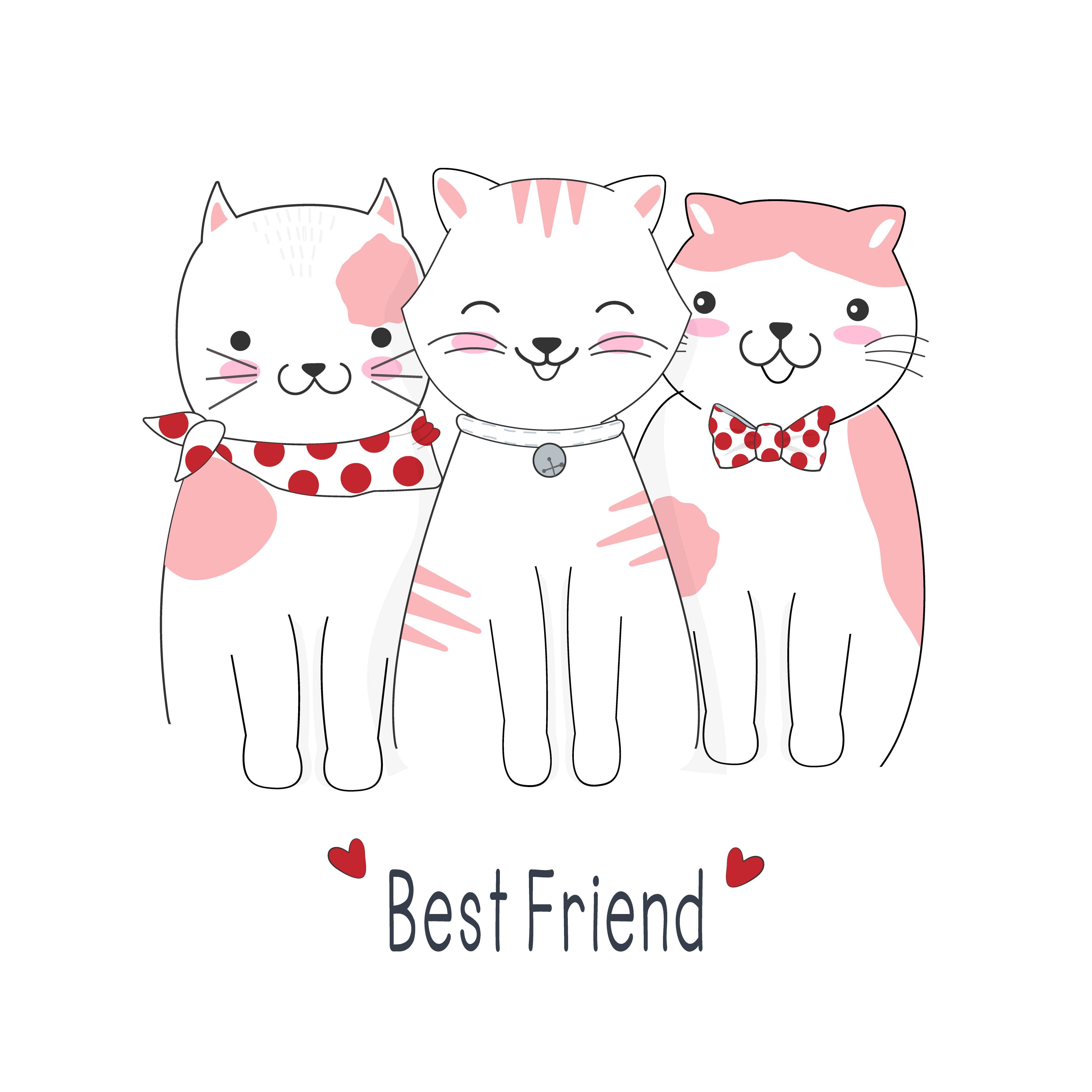 Cute Best Friend 桌布 壁紙 — 三隻可愛的卡通貓咪，帶有粉紅色斑點和紅色圓點配件，一起微笑站在「最好的朋友」文字下方。