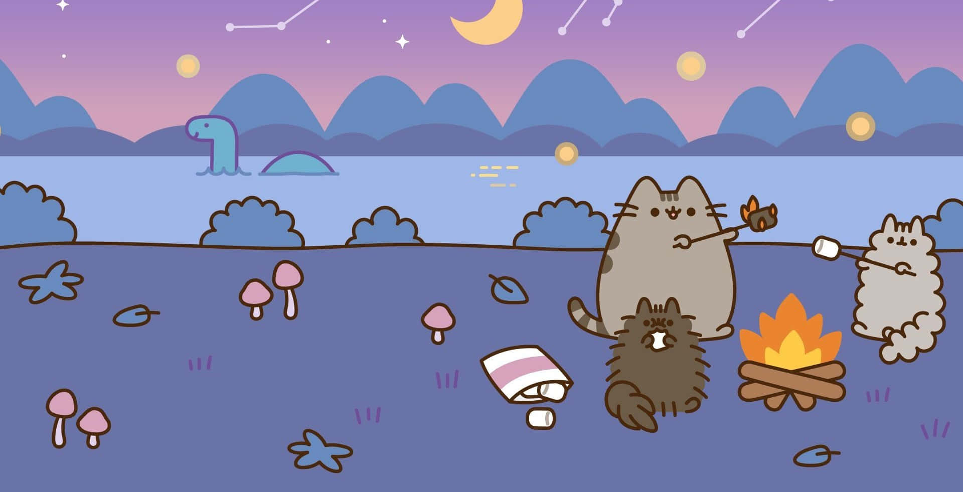 pusheen 動圖 桌布 壁紙 — 三隻可愛的卡通貓咪在星空紫色夜空下，圍著營火烤棉花糖，背景有山脈和彎月。