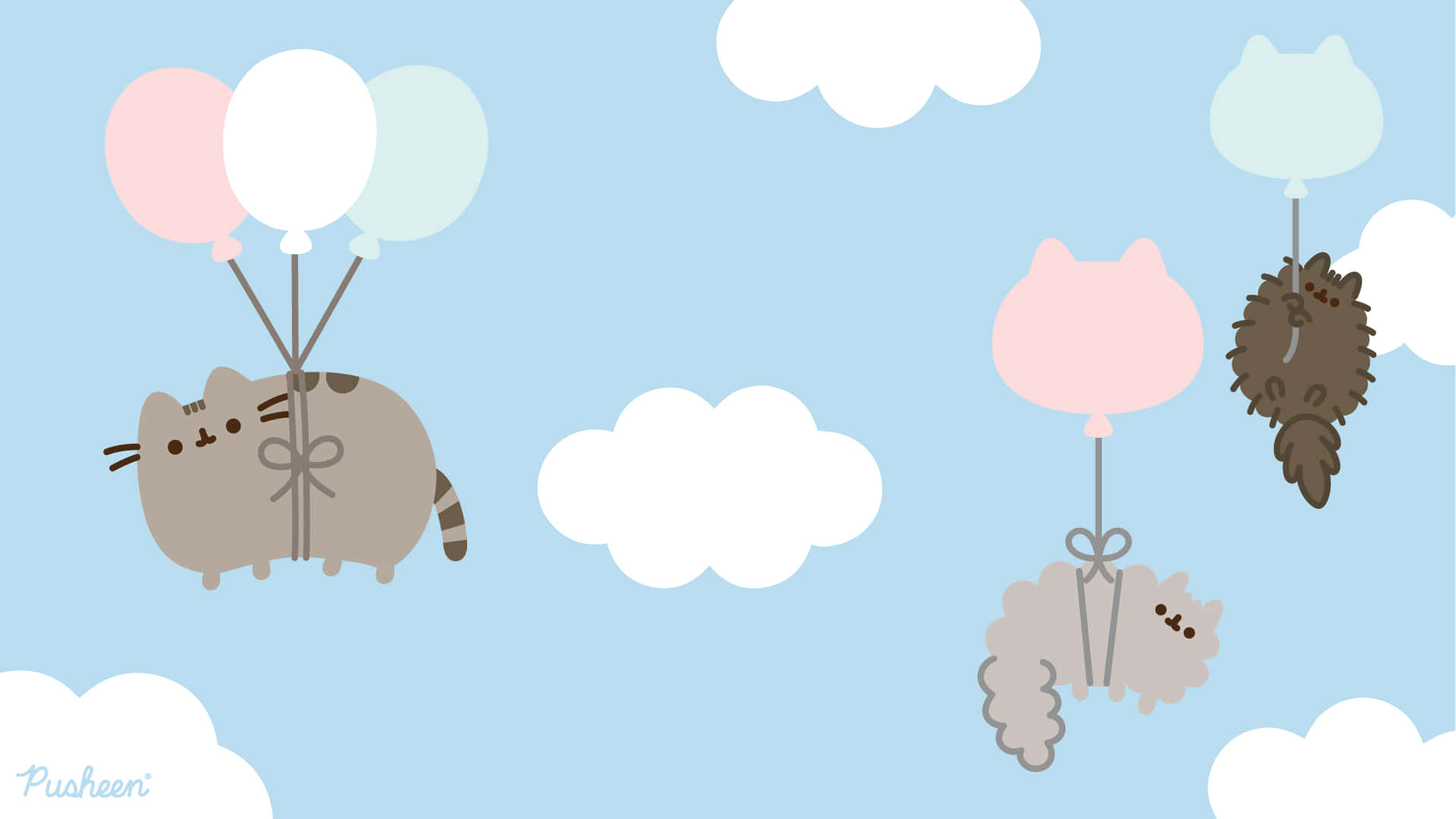 三隻卡通貓咪在藍天中漂浮，有雲和氣球。 — Pusheen 動圖 壁紙