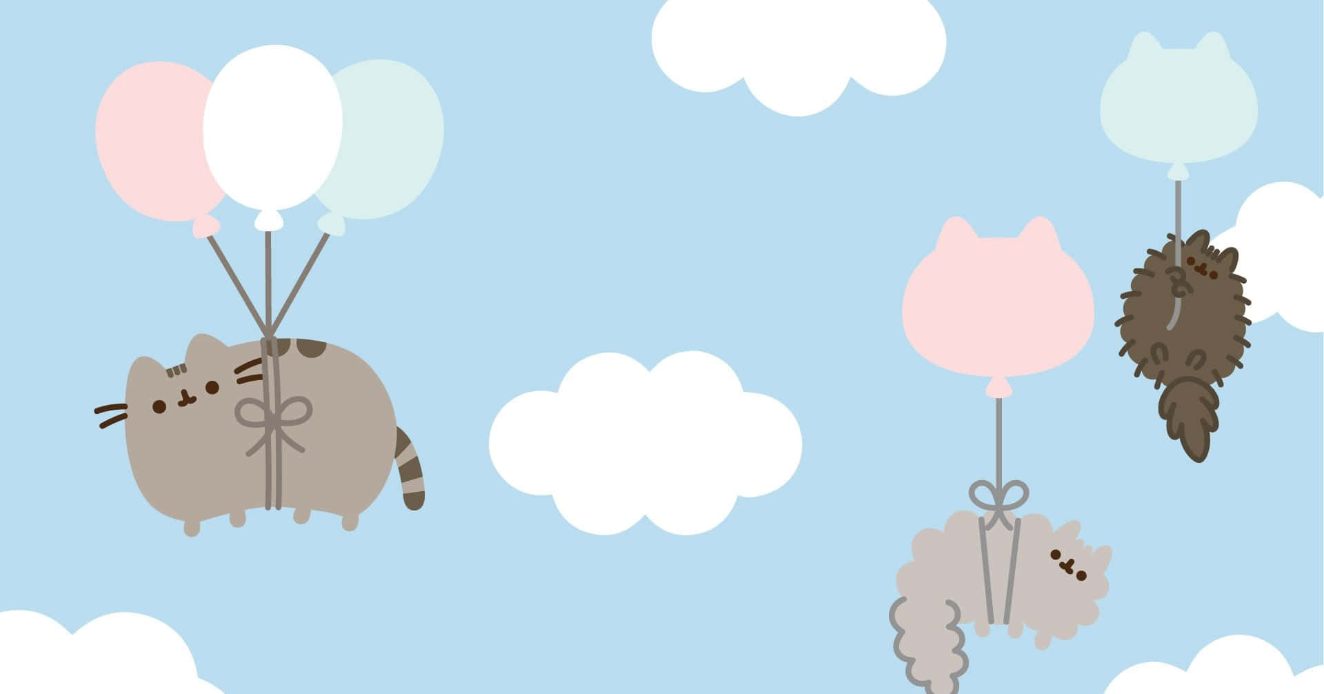 pusheen 動圖 桌布 壁紙 — 三隻可愛的卡通貓咪在柔和的藍天中平靜地漂浮，伴隨著蓬鬆的白雲和粉彩氣球。