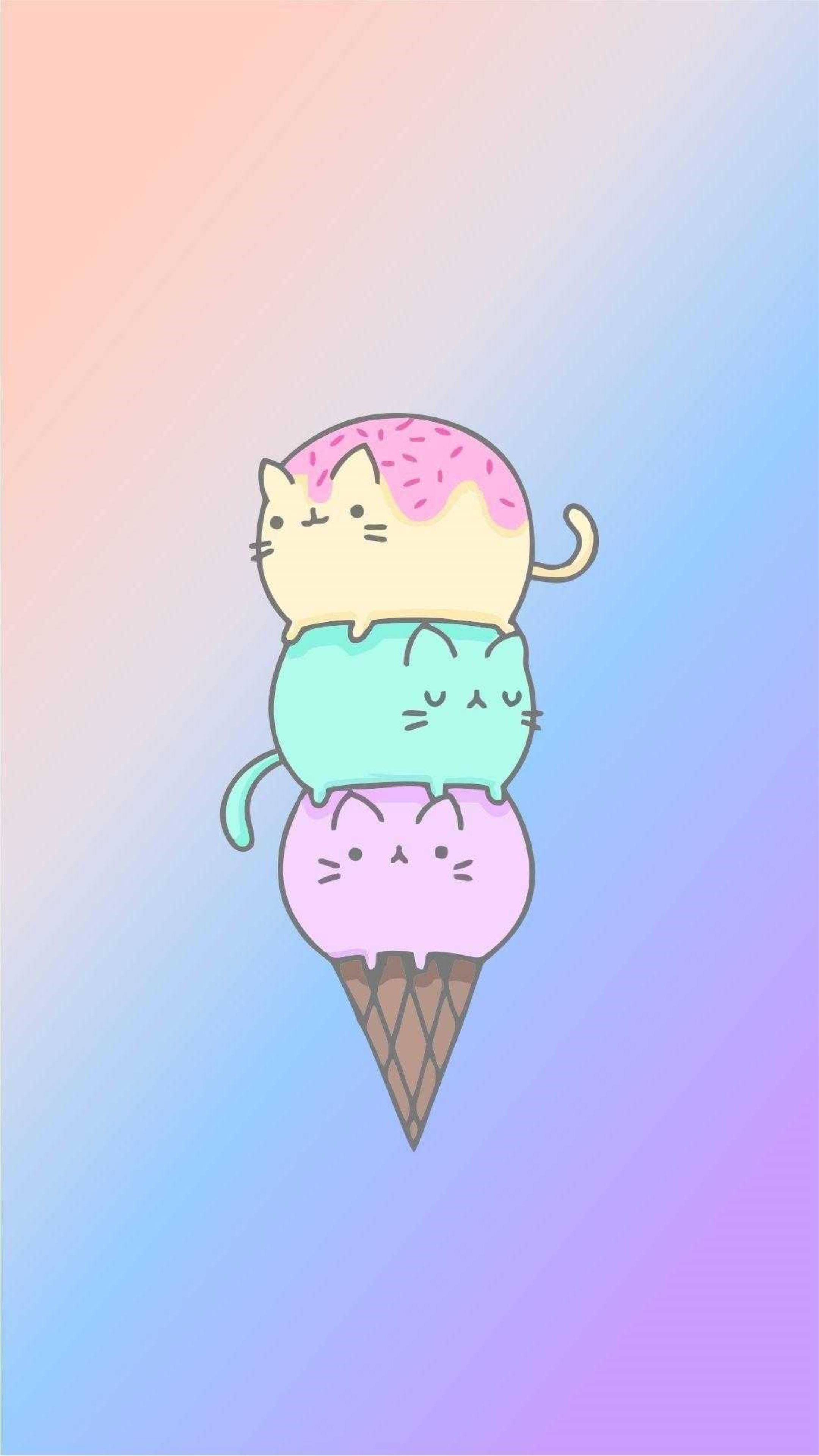 Toca 桌布 壁紙 — 三隻可愛的卡通貓咪坐在鬆餅筒上的粉彩冰淇淋球上，背景是柔和的漸變色。