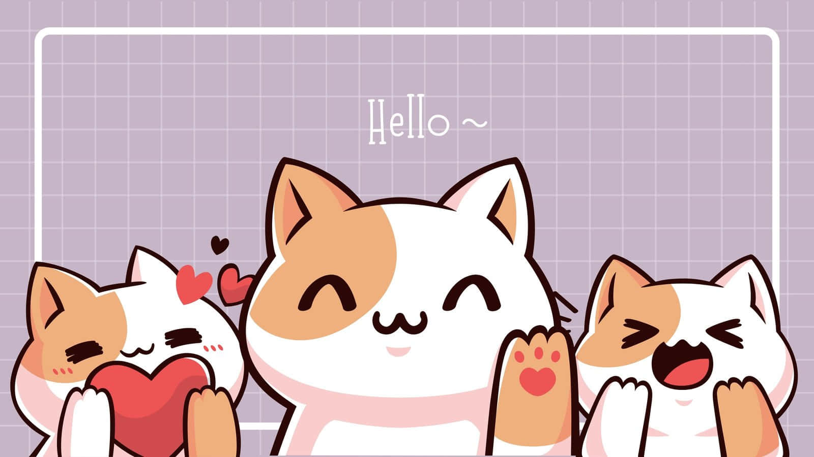 Cute Cartoon Dog 桌布 壁紙 — 三隻可愛的卡通貓咪帶有心形圖案，在紫色網格背景上開心地微笑，並帶有「哈囉~」的問候。