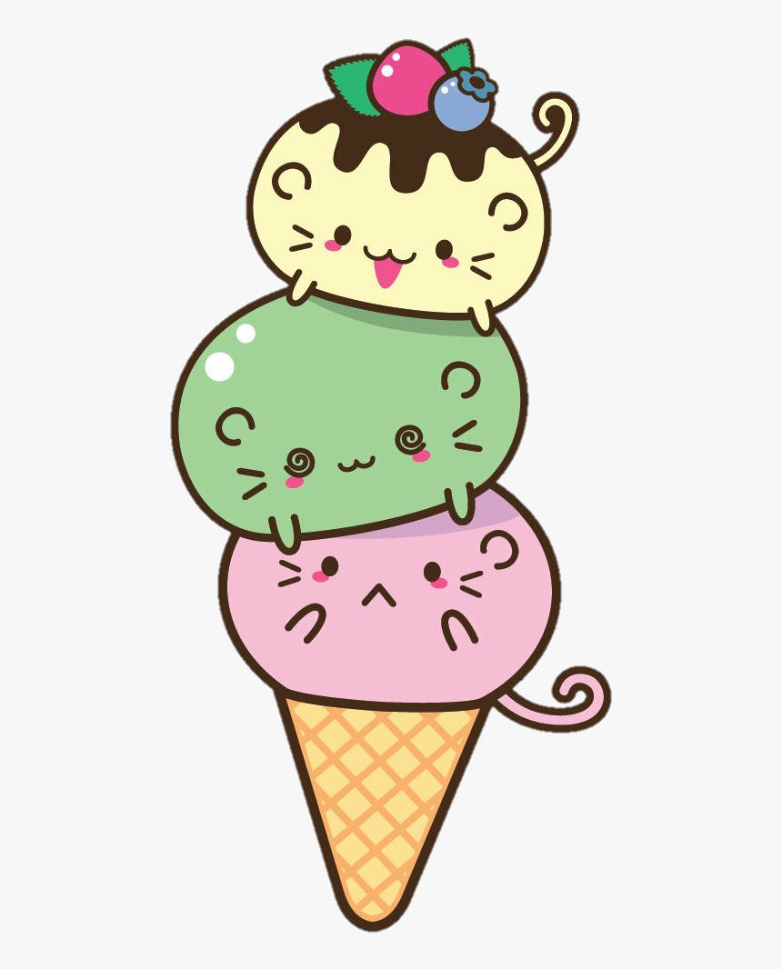 Ice Cream 桌布 壁紙 — 三隻可愛的卡通貓咪從疊起的冰淇淋球中探出頭來，上面淋了巧克力醬和莓果。