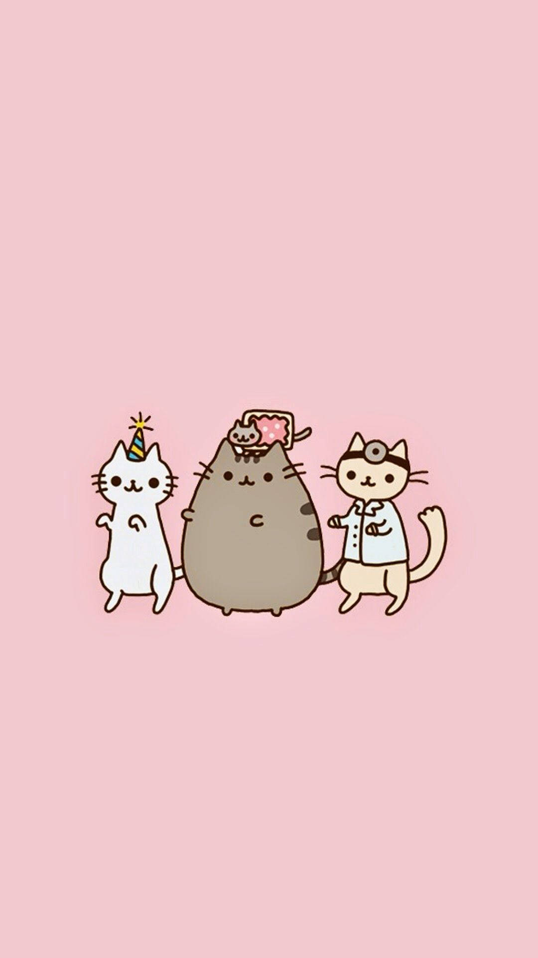 pusheen 動圖 桌布 壁紙 — 三隻可愛的卡通貓咪戴著派對帽和蛋糕在柔和的粉紅色背景前慶祝派對。
