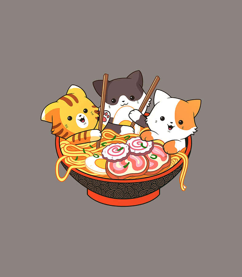 Cats 桌布 壁紙 — 三隻可愛的卡通貓用筷子開心吃著一碗熱騰騰的拉麵。