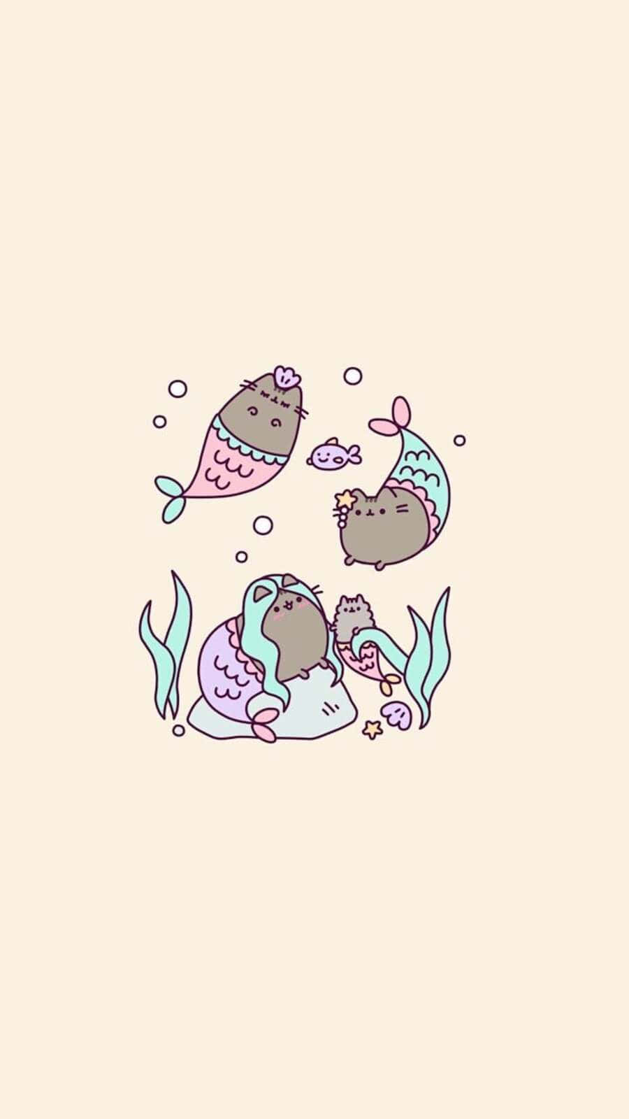 Kawaii Mermaid 桌布 壁紙 — 三隻可愛的卡通貓美人魚，擁有粉彩尾巴和貝殼，在柔和的米色背景中於泡泡和海藻間游動。